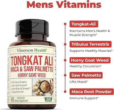 Vimerson Health Multivitamin for Men & Tongkat Ali for Men with Horny Goat Weed, Maca Root Powder, Tribulus Terrestris, Saw Palmetto Extract