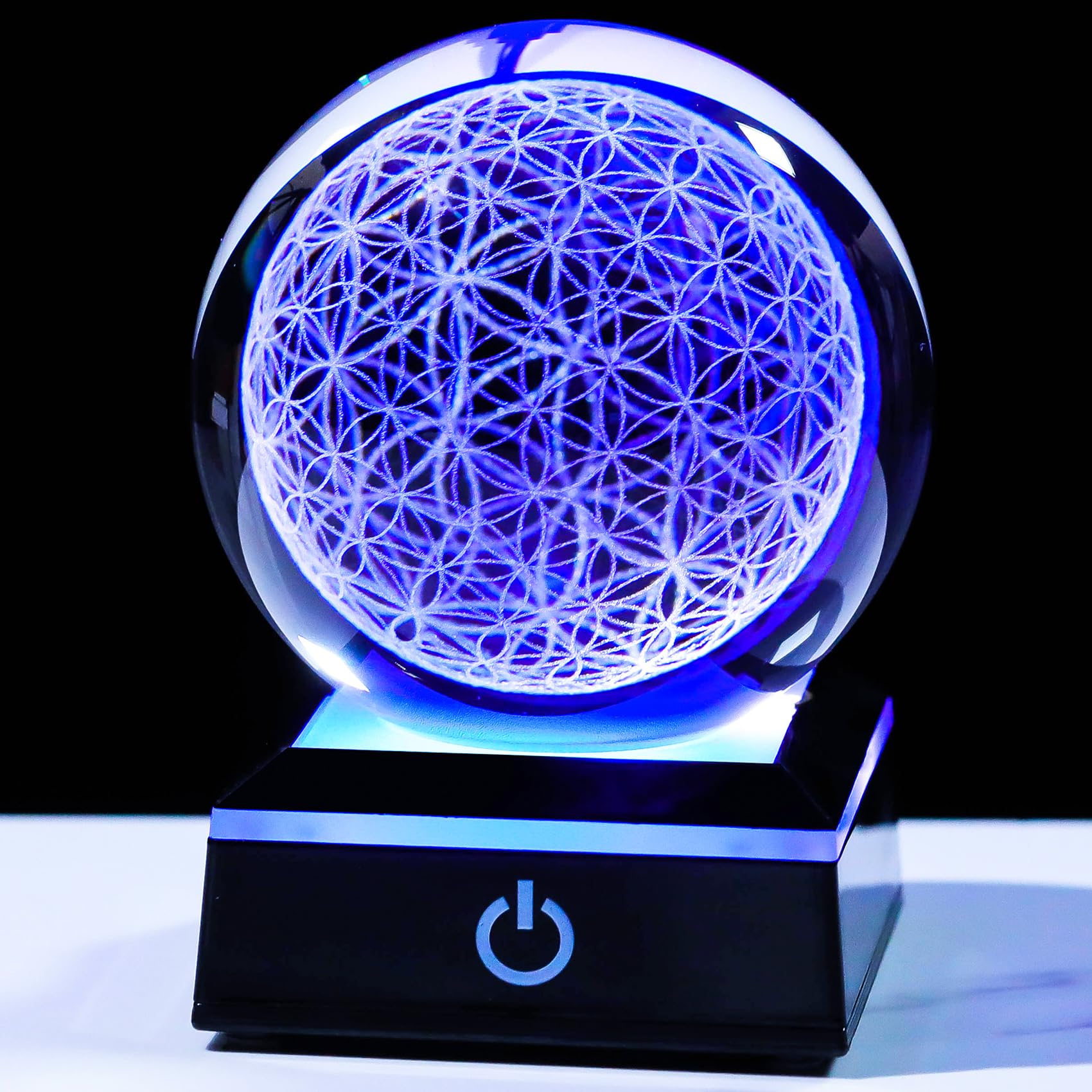 YWHL 3D Flower of Life Crystal Ball with Colorful LED Base, Chakra Healing Grid Flower Globe for Spiritual Decor, Laser Engraved Seek of Flower Inside A Sphere Sacred Geometry Starlight Magic