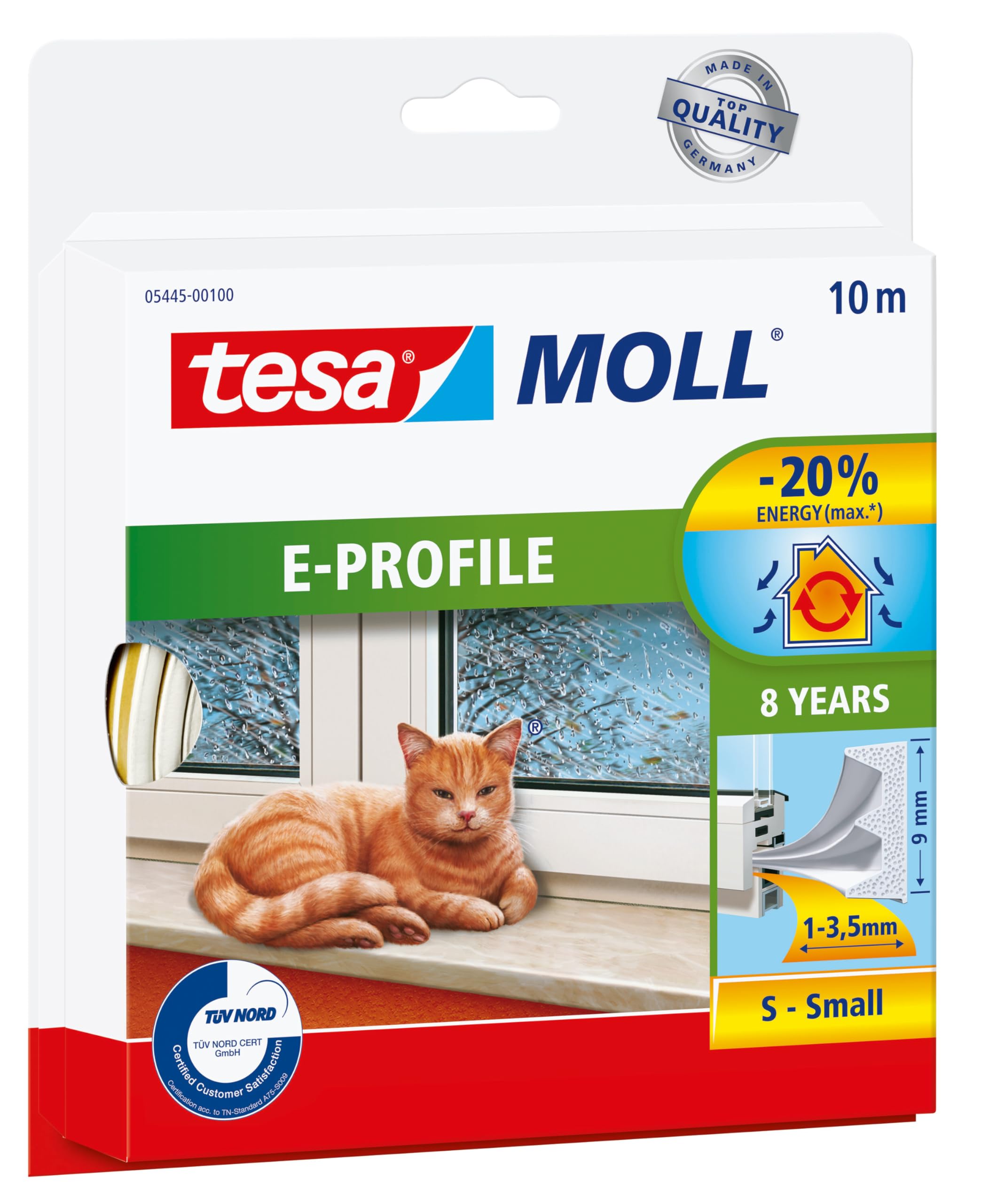 tesamoll E-Profile Seal - Self Adhesive Rubber Draught Excluder for Insulating Gaps in Windows and Doors - White - 10 m x 9 mm x 3.5 mm