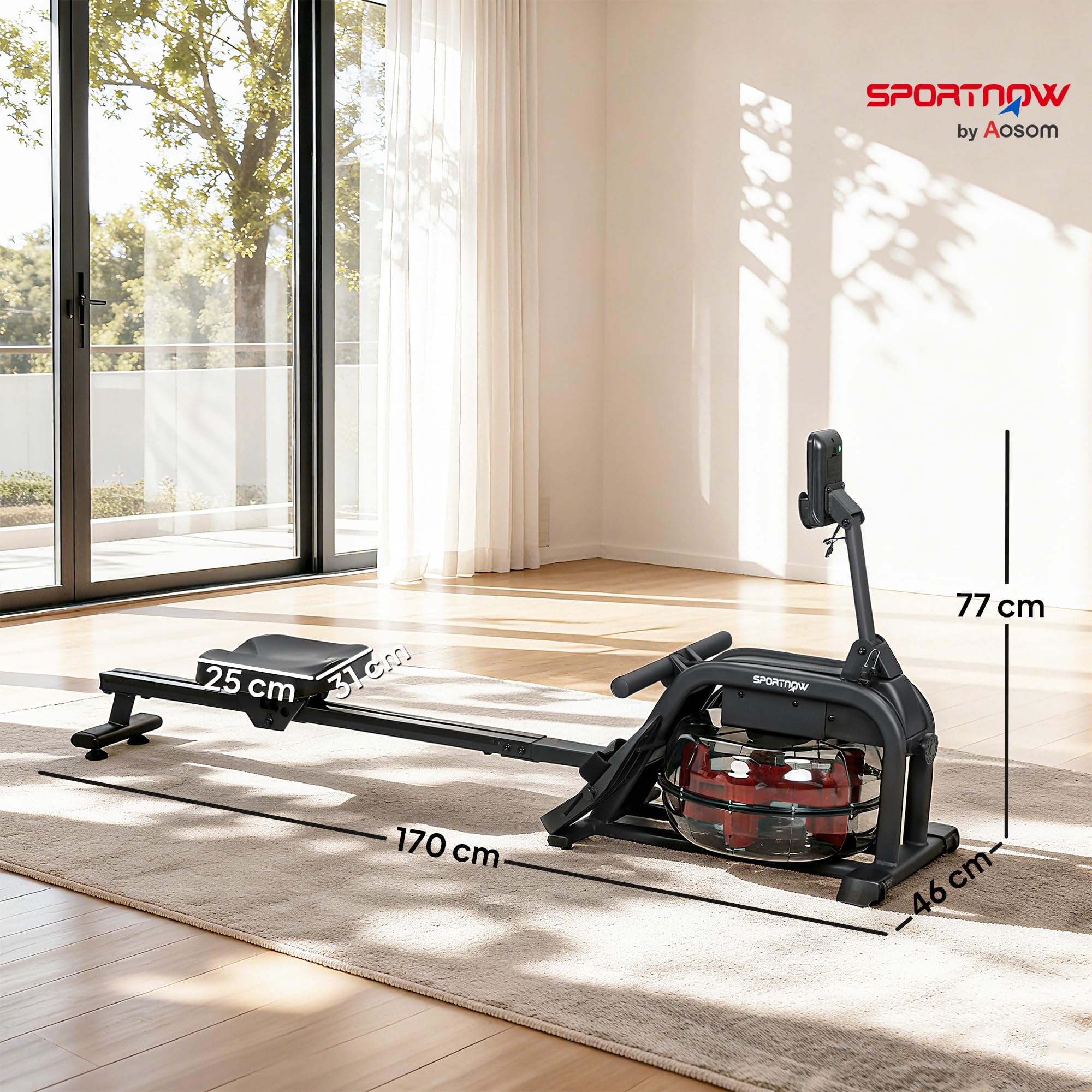 SPORTNOW Vogatore per acqua, vogatore per sollevamento sollevamento pesi, resistenza regolabile, serbatoio 6-11L, schermo LCD, supporto per tablet, seduta larga, deposito verticale, carico max.135 kg
