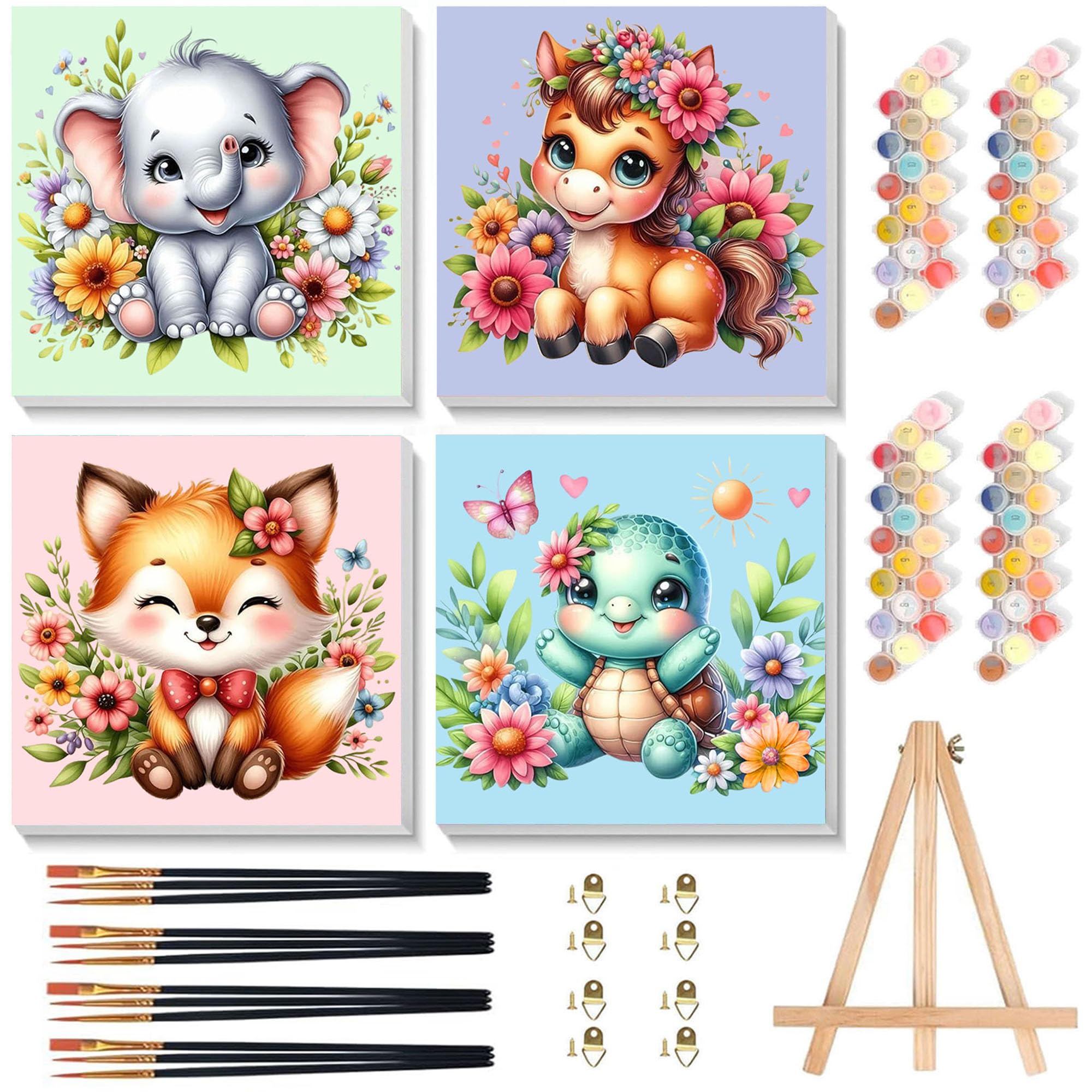 4 Pack Animal Paint by Numbers for Children with Wooden Frame, Turtle Horse Fox Elephant Paint by Numbers Kids Ages 6-8-12, Painting by Number for Kids Acrylic Oil Canvas for Home Wall Decor 8X8 inch