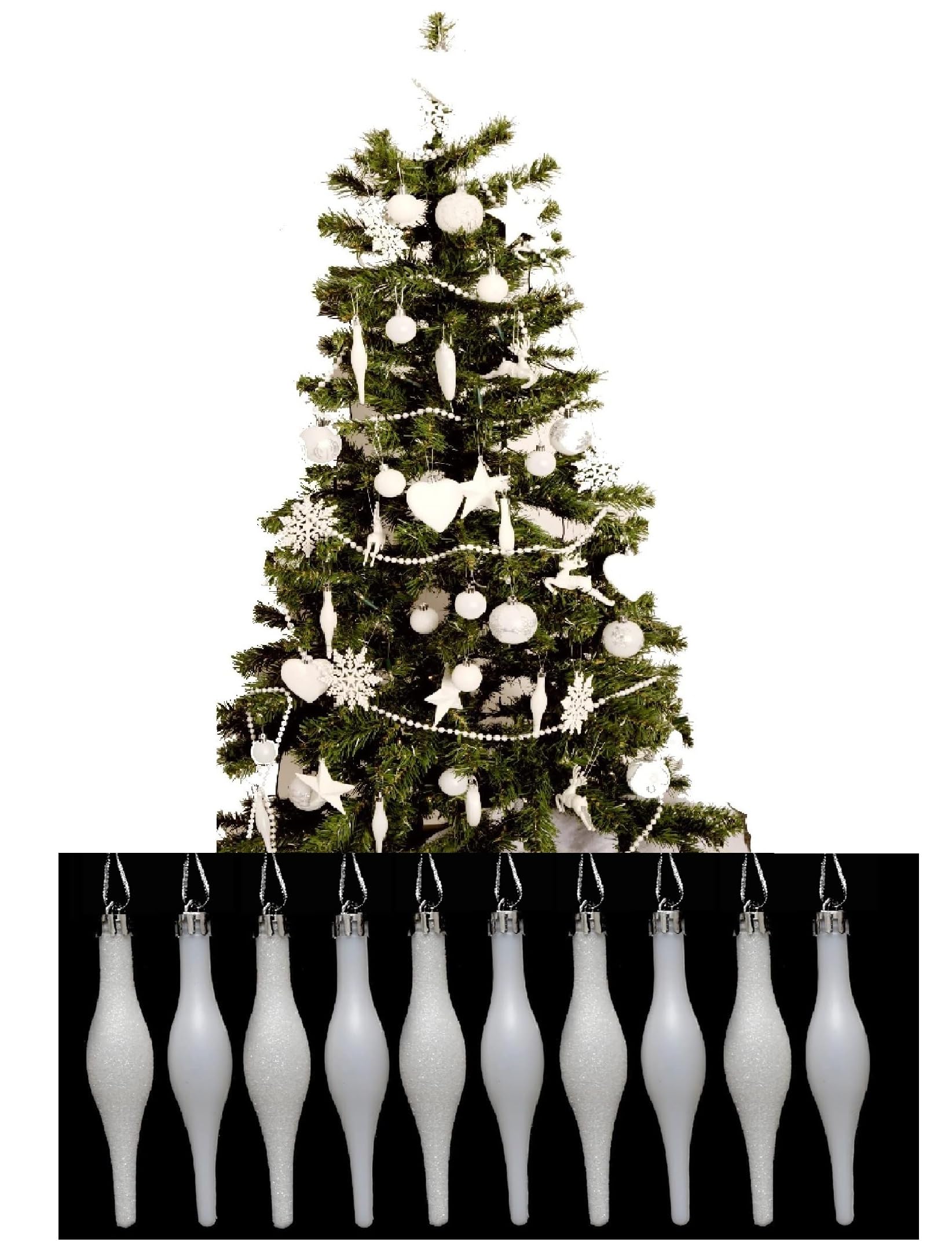 UKDD® White Collection Christmas Droplet Baubles Tree Decorations, Glitter, Matt Icicles, Reindeer Baubles (Pack of 10 Droplets 120mm) - Image 3