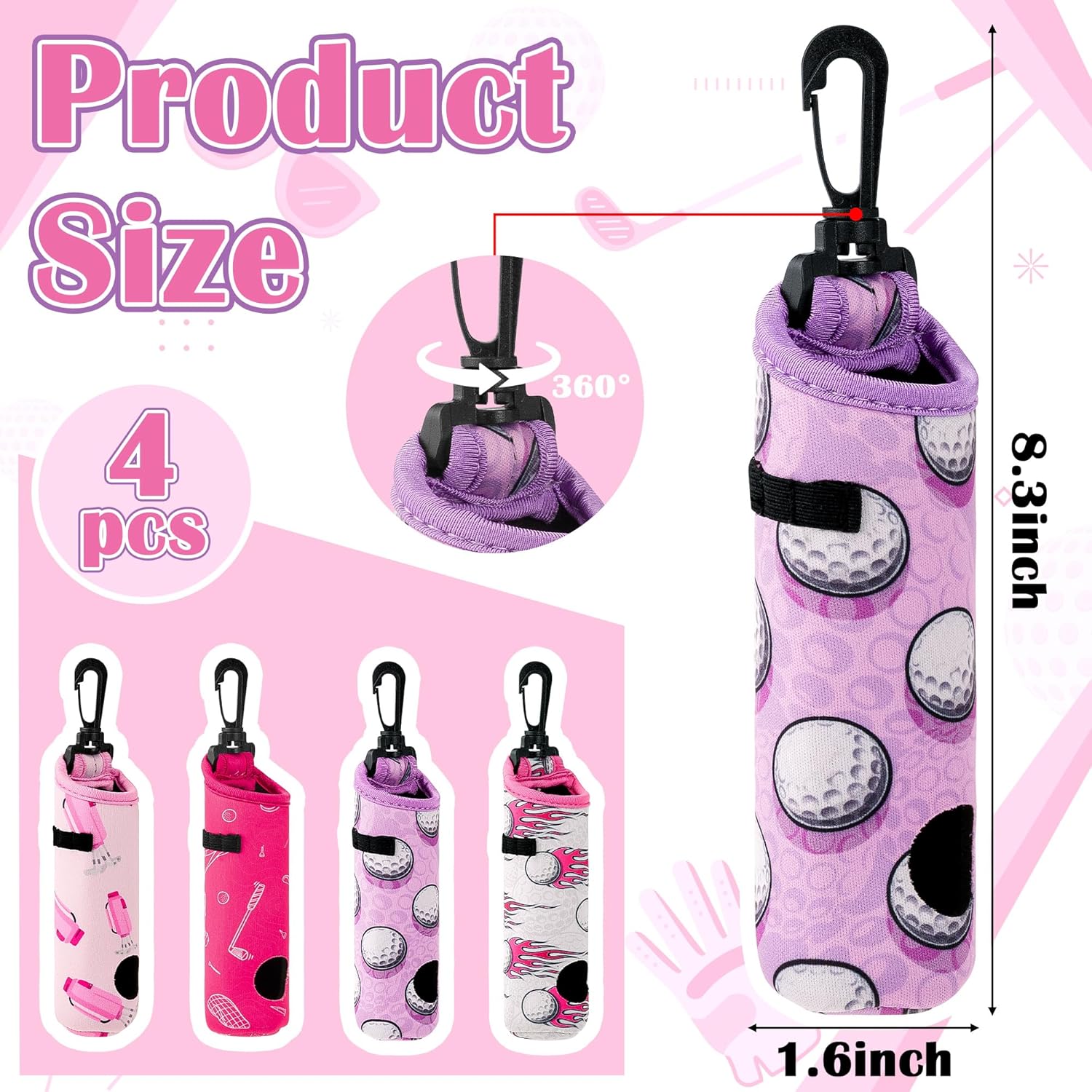 Golf Tee Pouch Bags - 4-Packs Pink Golf Ball Tee Carry Holder Bags Set with Clip Hooks Mother's Day for Women Girls Birthday Portable Golfer Club Accessories - Image 2
