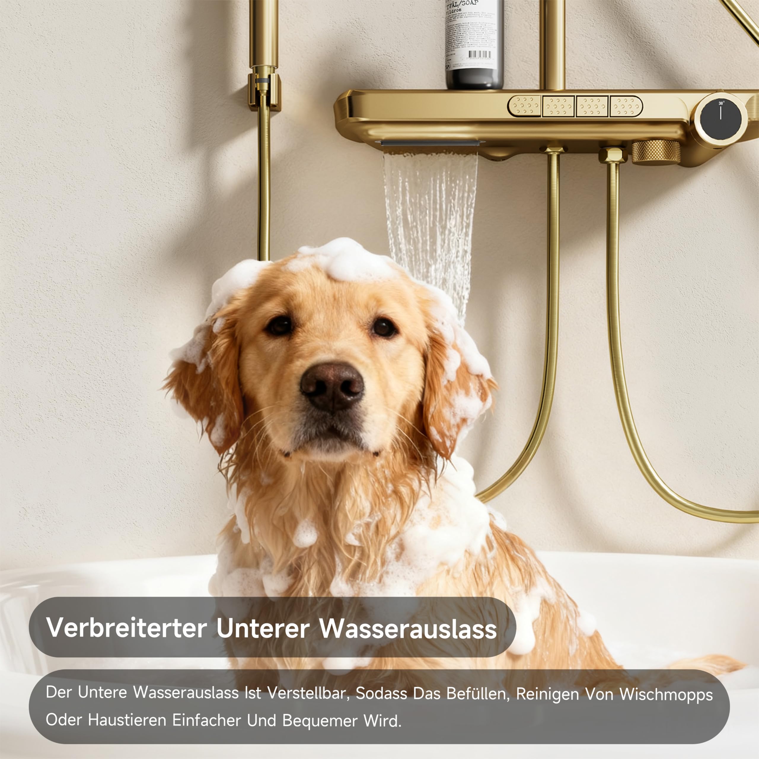 Duschsystem Gebürstetes Gold, 4-Funktionen-Duschset mit Thermostat | Ausgestattet mit einer 350 × 220 mm großen Kopfbrause, einer Handbrause, einer Sprühpistole und einem unteren Wasserauslass