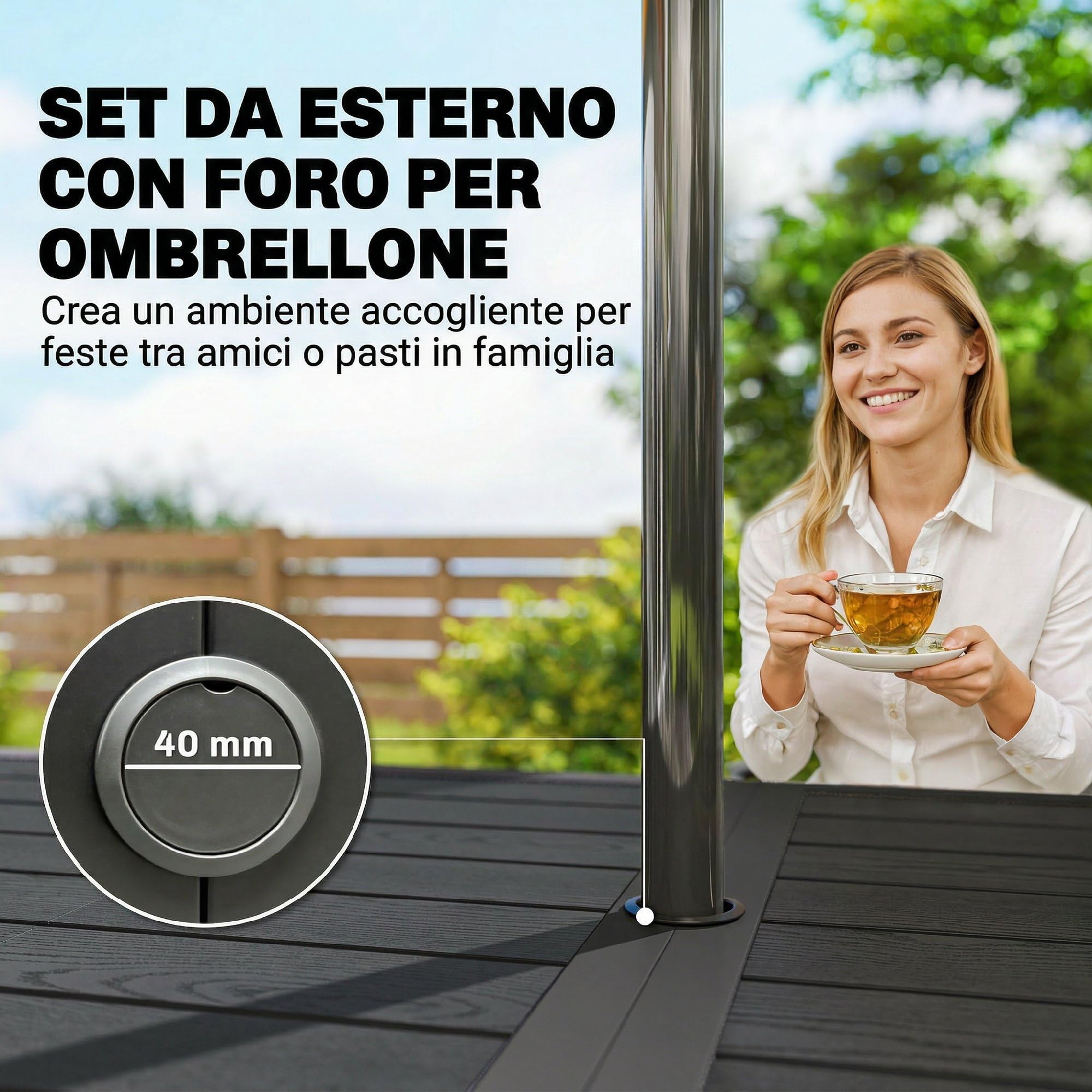 Outsunny Set Tavolo e Sedie da Giardino 7 Pezzi, Set da Pranzo Esterno con 6 Sedie Impilabili in Plastica Finto Rattan e Tavolo in Metallo Effetto Legno, Nero