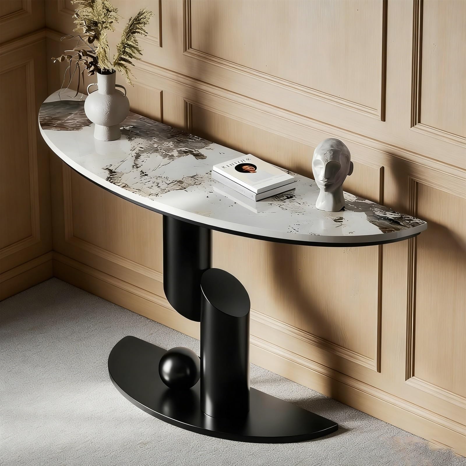 Mesa consola estrecha en piedra sinterizada elegante para un recibidor exclusivo y moderno de 1m