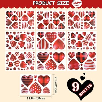 9Sheets Valentines Day Window Clings Decorations, Valentines Red Heart Stickers Double Sided Window Clings for Glass Windows, Reusable Romantic Decals Decor for Home Anniversary Wedding Party