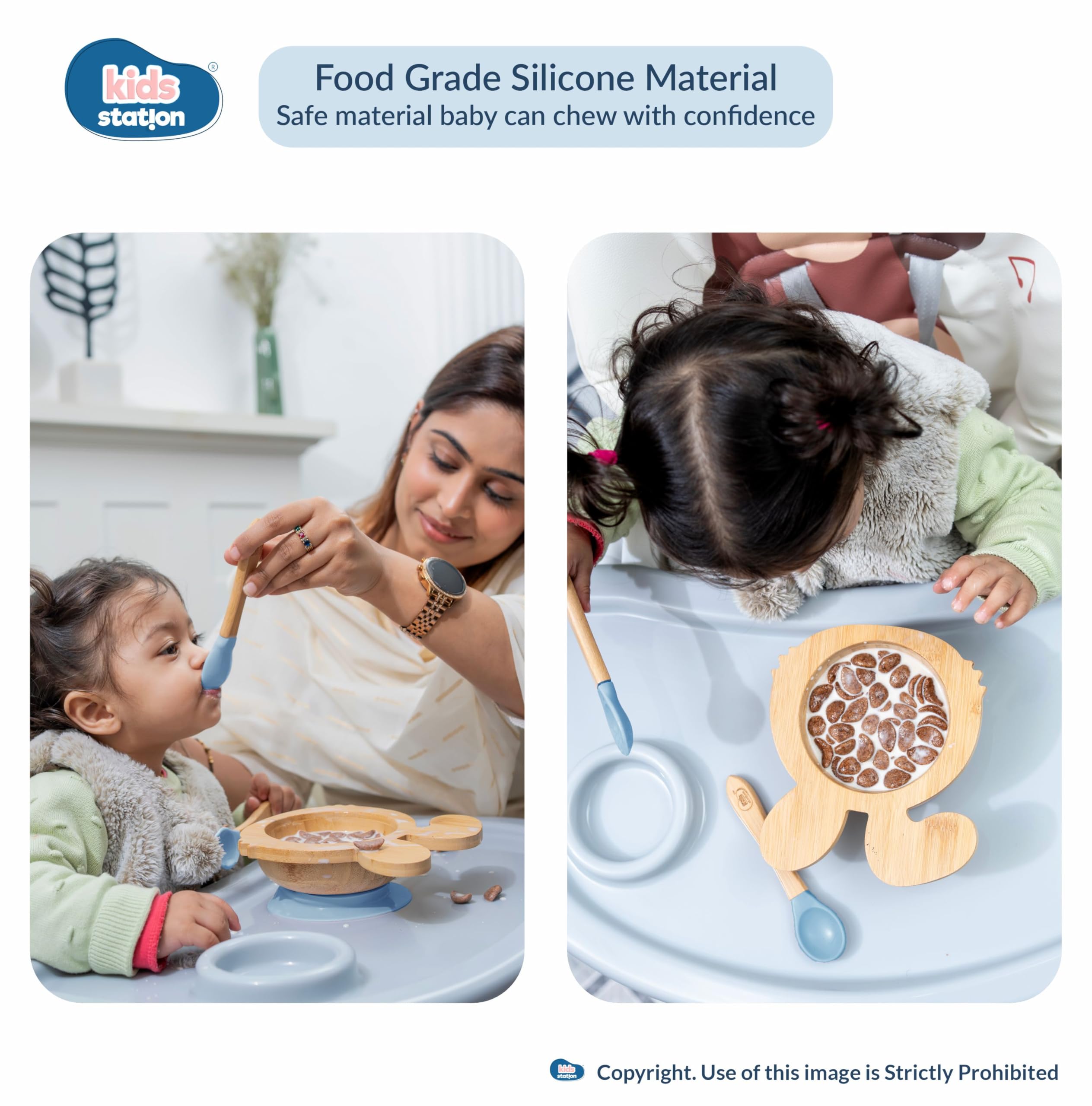 Kids Station Rabbit Wooden Feeding Bowl with Spoon for Babies – Blue | Eco-Friendly Self-Feeding Baby Tableware Set (2 pcs, Blue) 2