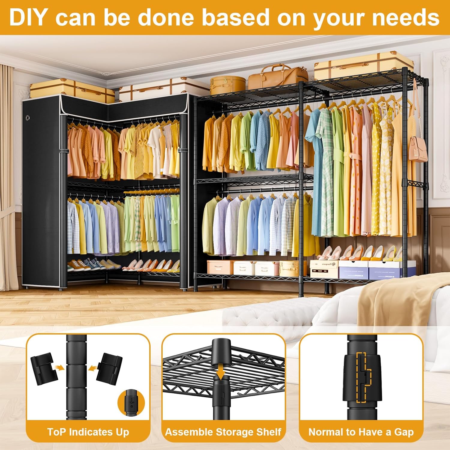 E15C Garment Rack L Shaped Clothes Rack for Corner，Freestanding Clothing Racks for Hanging Clothes，Heavy Duty Closet Organizer 43.4"W x 15.8"D x 78.4"H，Black Rack with Black Dustproof Cover