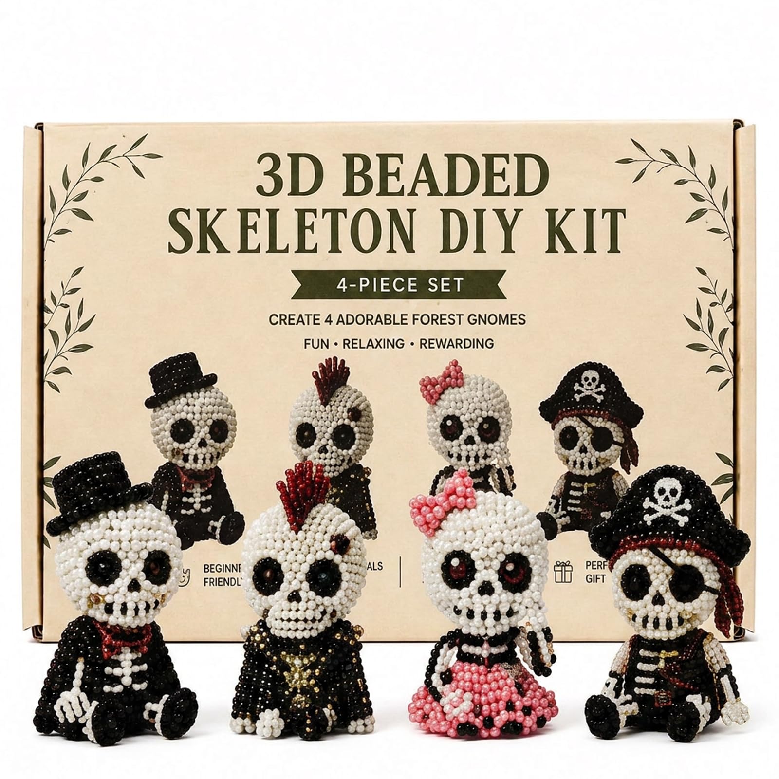3D Beaded Skull Kit, DIY Bead Embroidery Set with Tools & Instructions