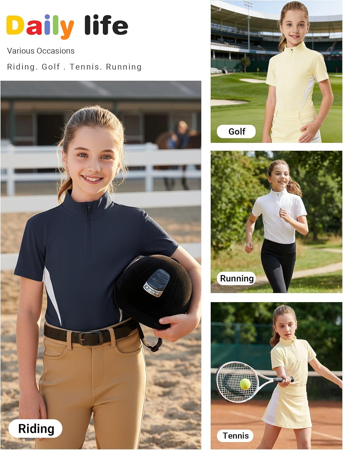 FitsT4 Sports Girls Short Sleeve Equestrian Shirt Quick Dry Horse Riding Shirts Half Zip Horseback Show Shirt