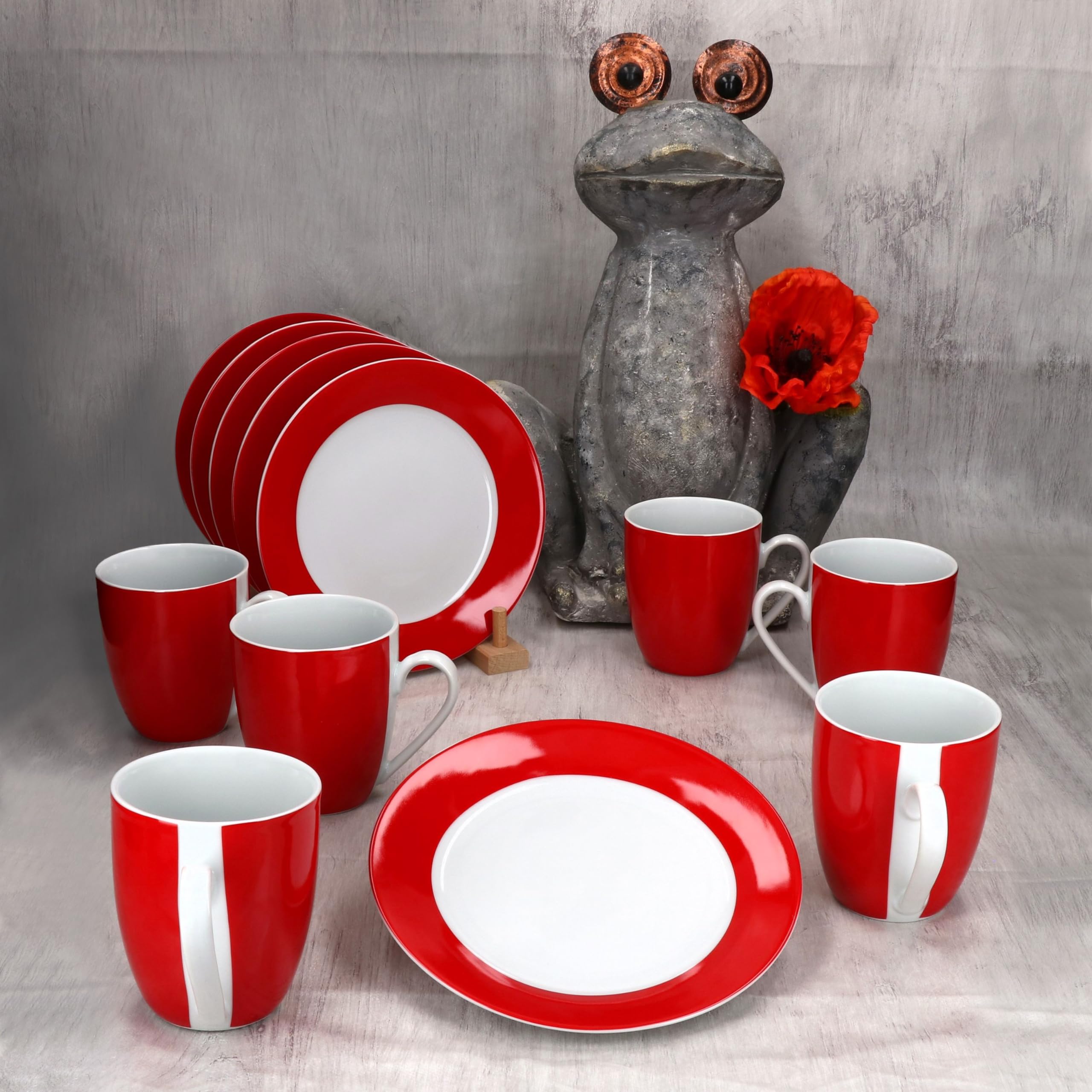 MamboCat Variant Rot 12tlg Frühstücksset I Je 6X kleine Teller & Kaffeebecher 350ml, Höhe 10,3cm für 6 Personen I Tasse, Kuchenteller I Porzellan-Geschirr für Frühstücks- & Kaffeezeit