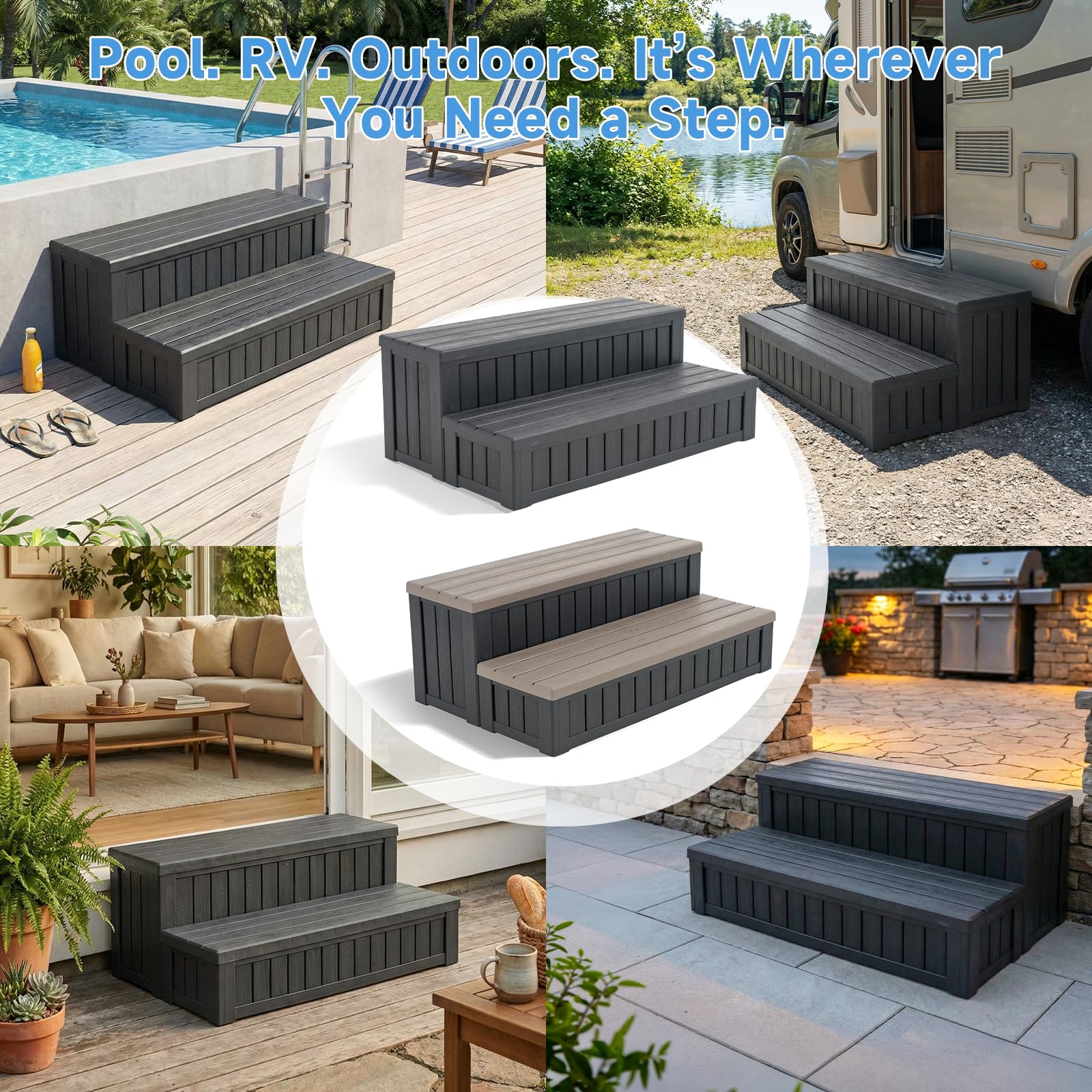Escalones de bañera de hidromasaje con almacenamiento, escaleras impermeables para exteriores, color negro