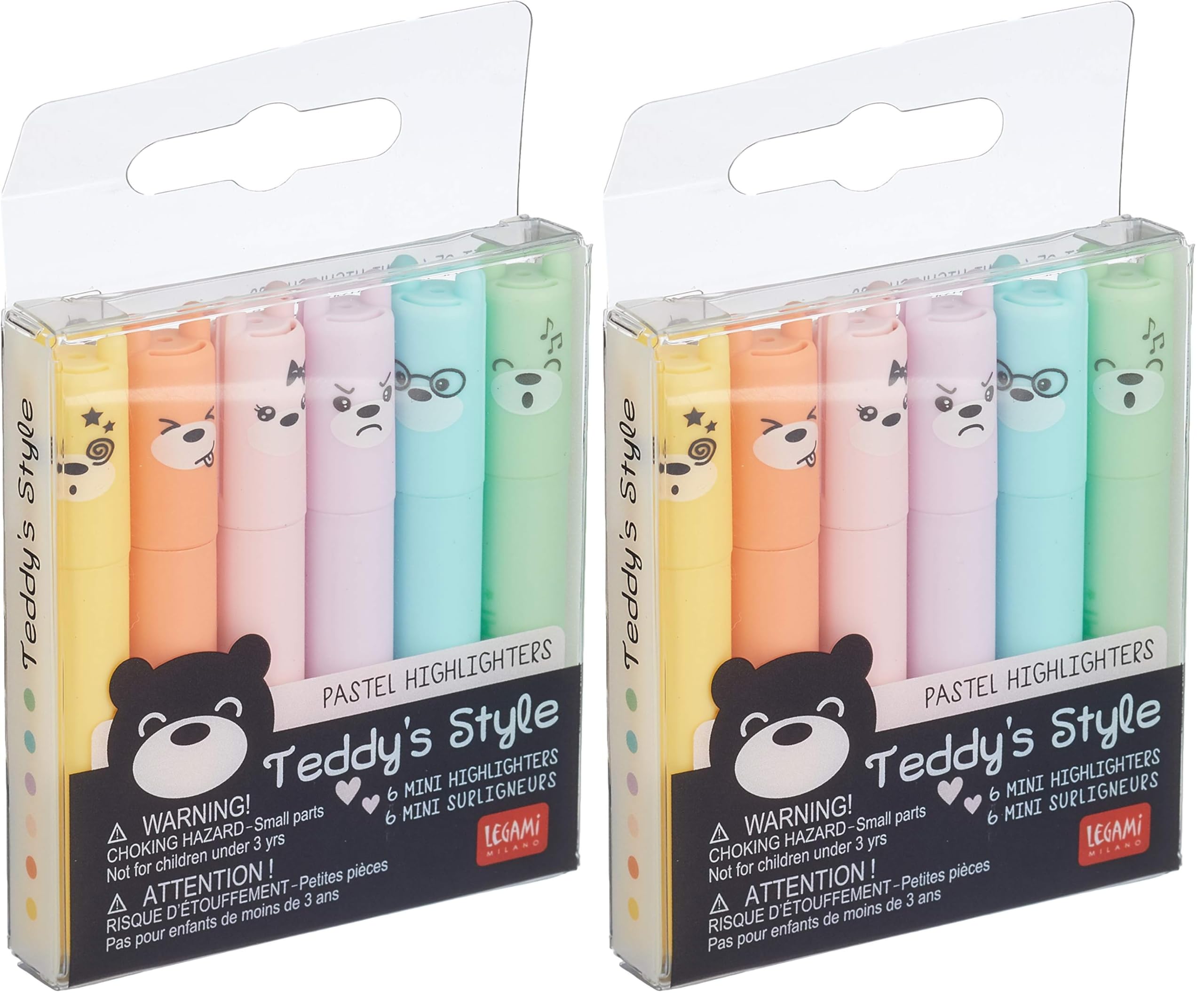 LEGAMI - Teddy's Style, Set mit 6 Mini-Textmarkern, 1 x 7,5 cm, Gelb, Pfirsich, Rosa, Lila, Hellblau, Hellgrün, zum präzisen Unterstreichen und Markieren, Mehrfarbig 2 (Packung mit 2)