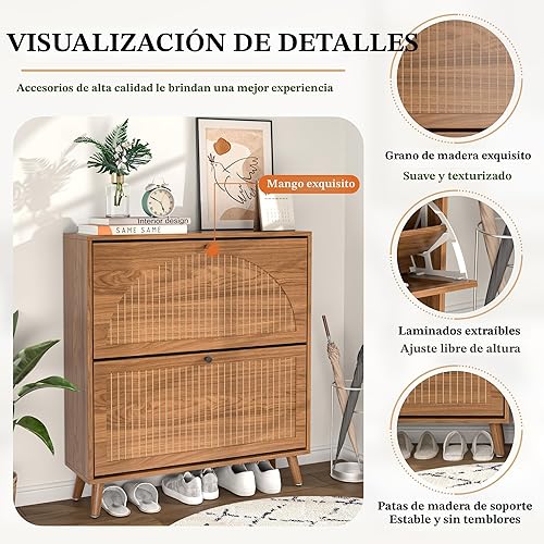 Miniatura 4 de Armario de almacenamiento de zapatos para entrada con 2 cajones abatibles, armario estrecho de madera para zapatos con panel estriado, organizador