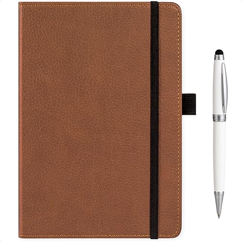 Cuaderno A5 de cuero forrado con bolígrafo, 200 páginas, tamaño mediano de 5.9 x 8.4 pulgadas, papel grueso de 4.23 ozm, diario de tapa dura