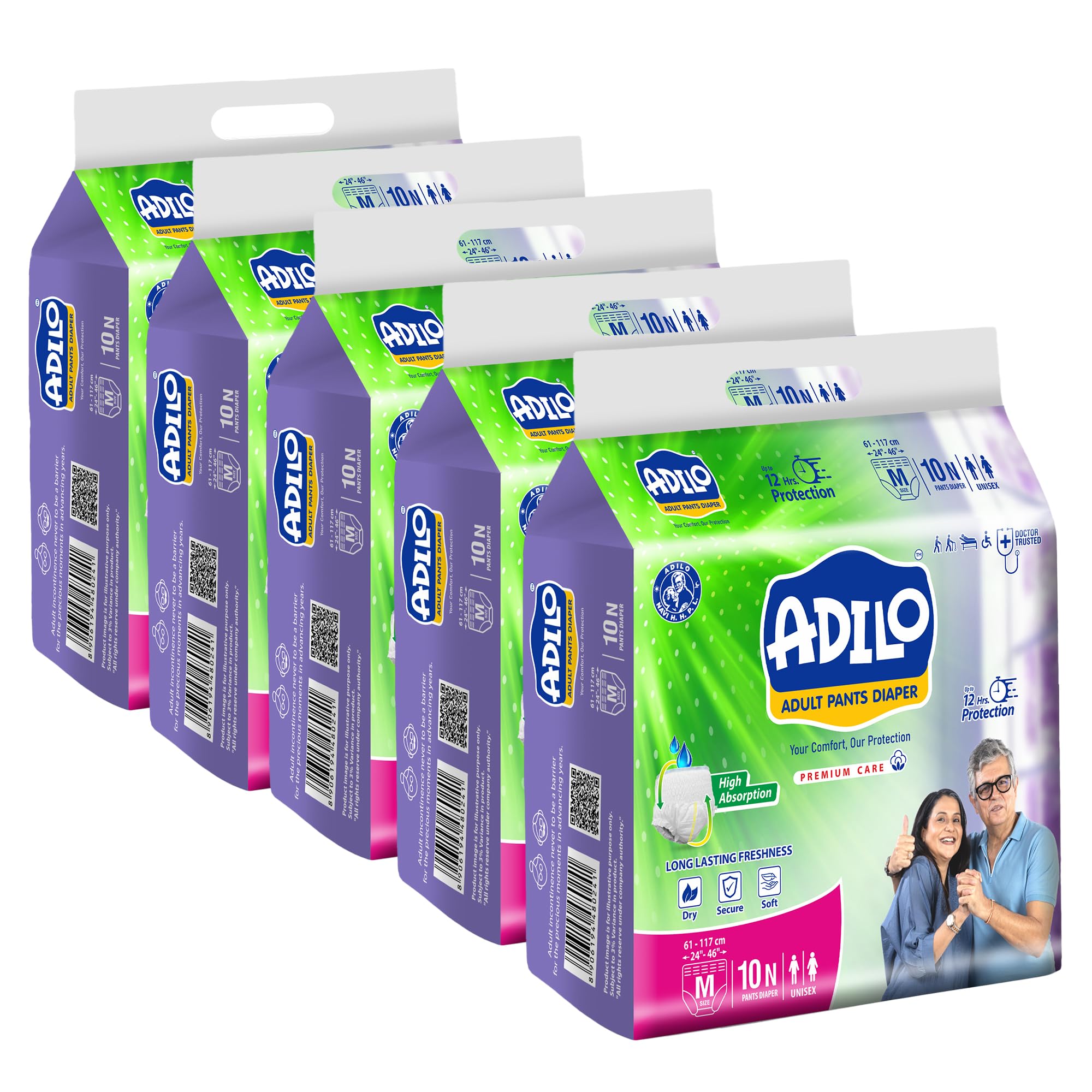 Adilo Unisex Pull-Up Pants Style Adult Diaper with up to 12hrs Absorption, Criss-Cross design, Odour Free & Wetness Indicator, Medium Size (M) Waist (24-46) Inches | 50 Count, Pack of 5-image-40