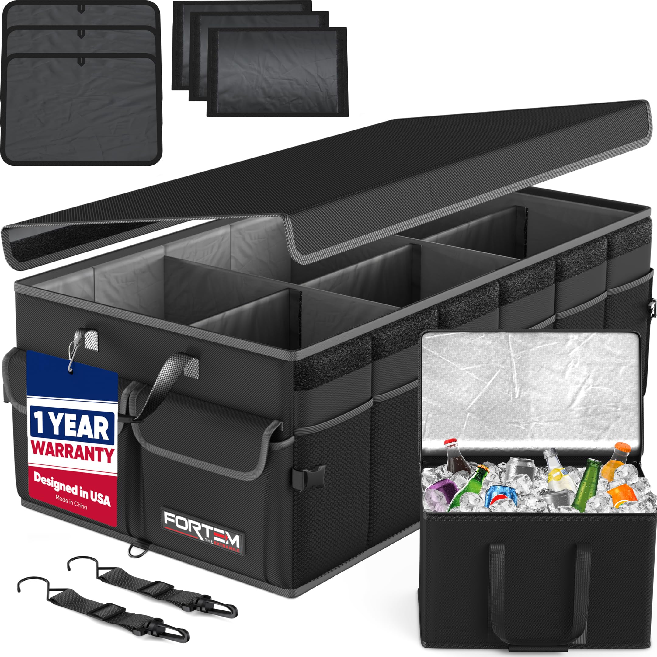 FORTEM Trunk Organizer - Foldable Car Organizer with Cooler for SUV, Trucks | Car Accessories for Men Women, Collapsible Bag, Non Slip Bottom, Straps, Soft Cover, 600D Oxford, Black, 6 Compartments, 1
