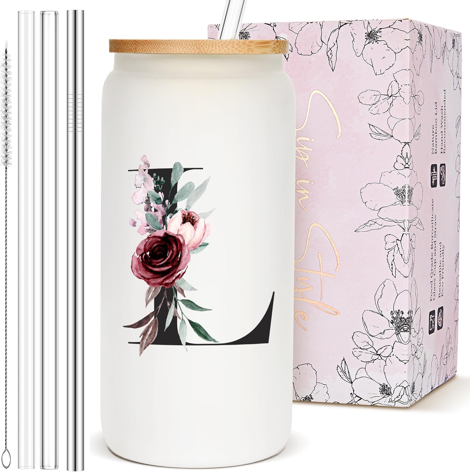 Custom Personalized Gifts for Women, Cute Monogram Glass Cups with Lids and Straws, Customized Initial Letter Drinking Iced Coffee Cup Mug Tumbler, Unique Gifts for Women Mom Who Have Everything, L