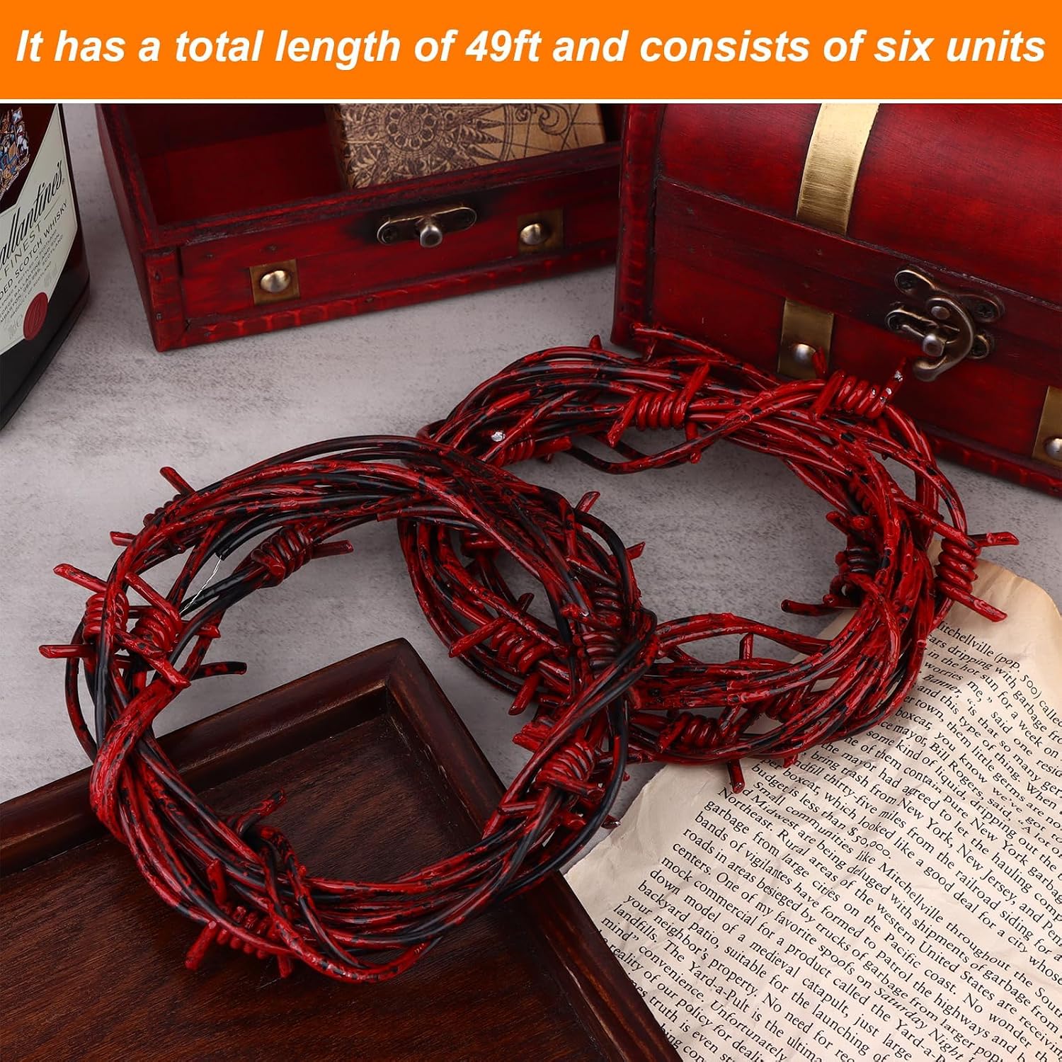 49 Foot Red Fake Rusted Barbed Wire Decoration 6 Pcs Halloween Plastic Barb Wire Decoration Prop Rust Red Western Decor Rusty Western Party Decorations Cowboy Decor for Cowboy Western Party Decor