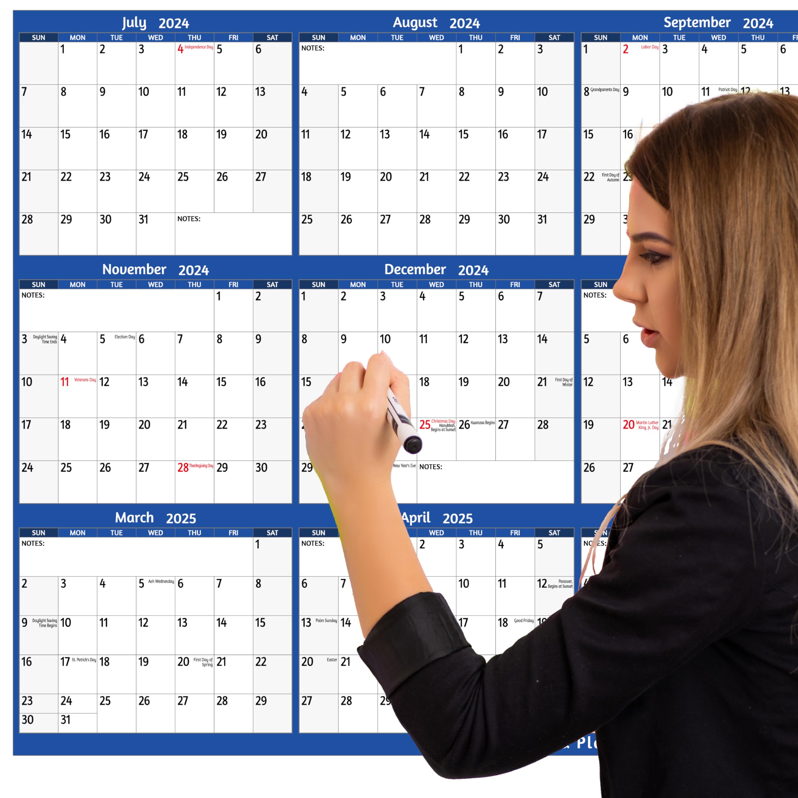 AT-A-GLANCE Calendrier 2024-2025 effaçable à sec, planificateur mural effaçable à sec, 91,4 x 61 cm, grand, année académique et régulière, double face, horizontal (PM200S2825