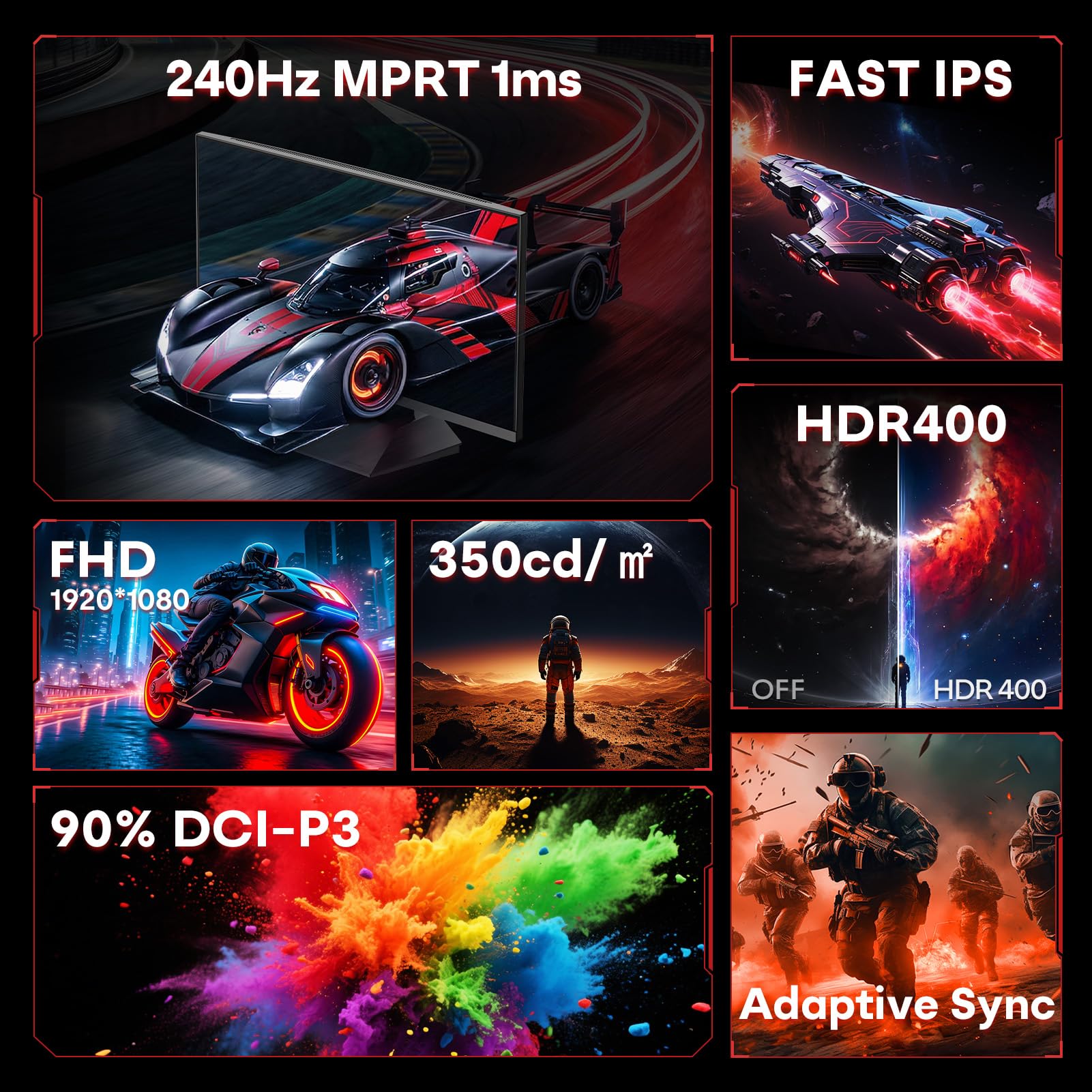 HKC 27 inch Gaming Monitor, 240Hz FHD, Fast IPS, 1ms MPRT, HDR400, 90% DCI-P3, Low Blue Light, VESA Compatible, HDMI 2.0 and DP 1.4 Ports, G27H3D — view 2