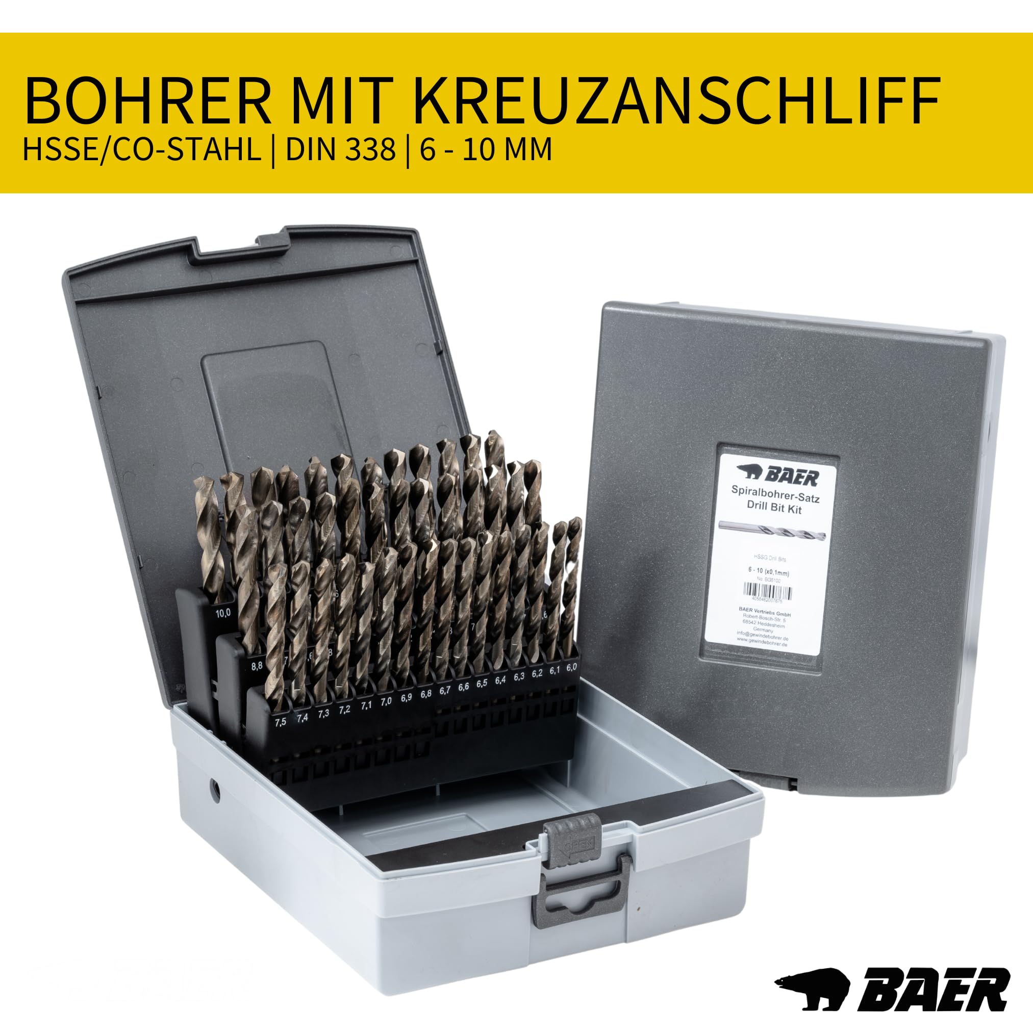 BAER HSSE - Juego de brocas extremas (aumento de 0,1 mm, 6-10 mm, acero HSSE/cobalto, juego de brocas en espiral