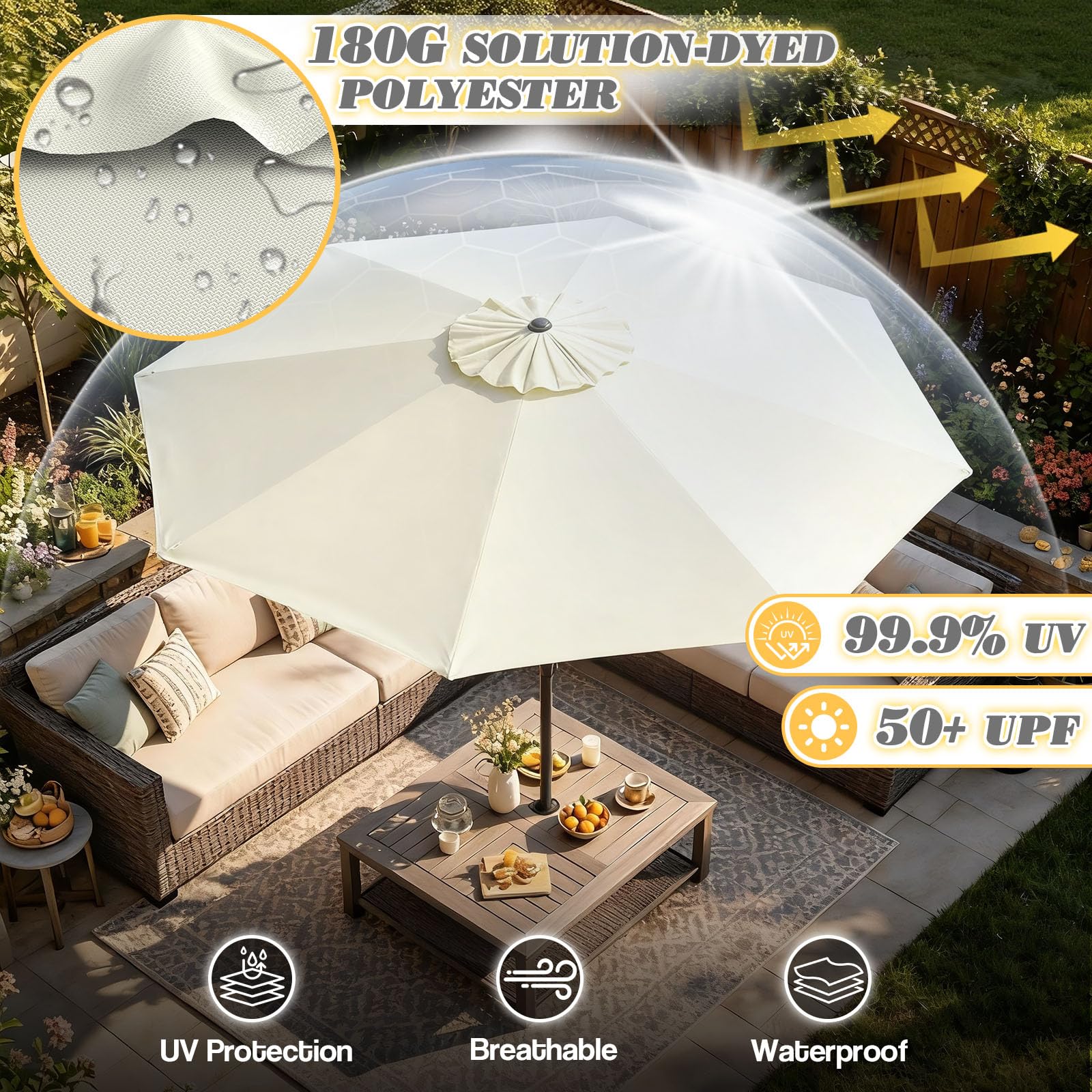 Sonnenschirm mit Beleuchtung Solar, Kleiner Balkonschirm Kippbar 45° ohne Ständer Windfest UV-Schutz, Gartenschirm Marktschirm Terrassenschirm Kurbelschirm Sonnenschutz