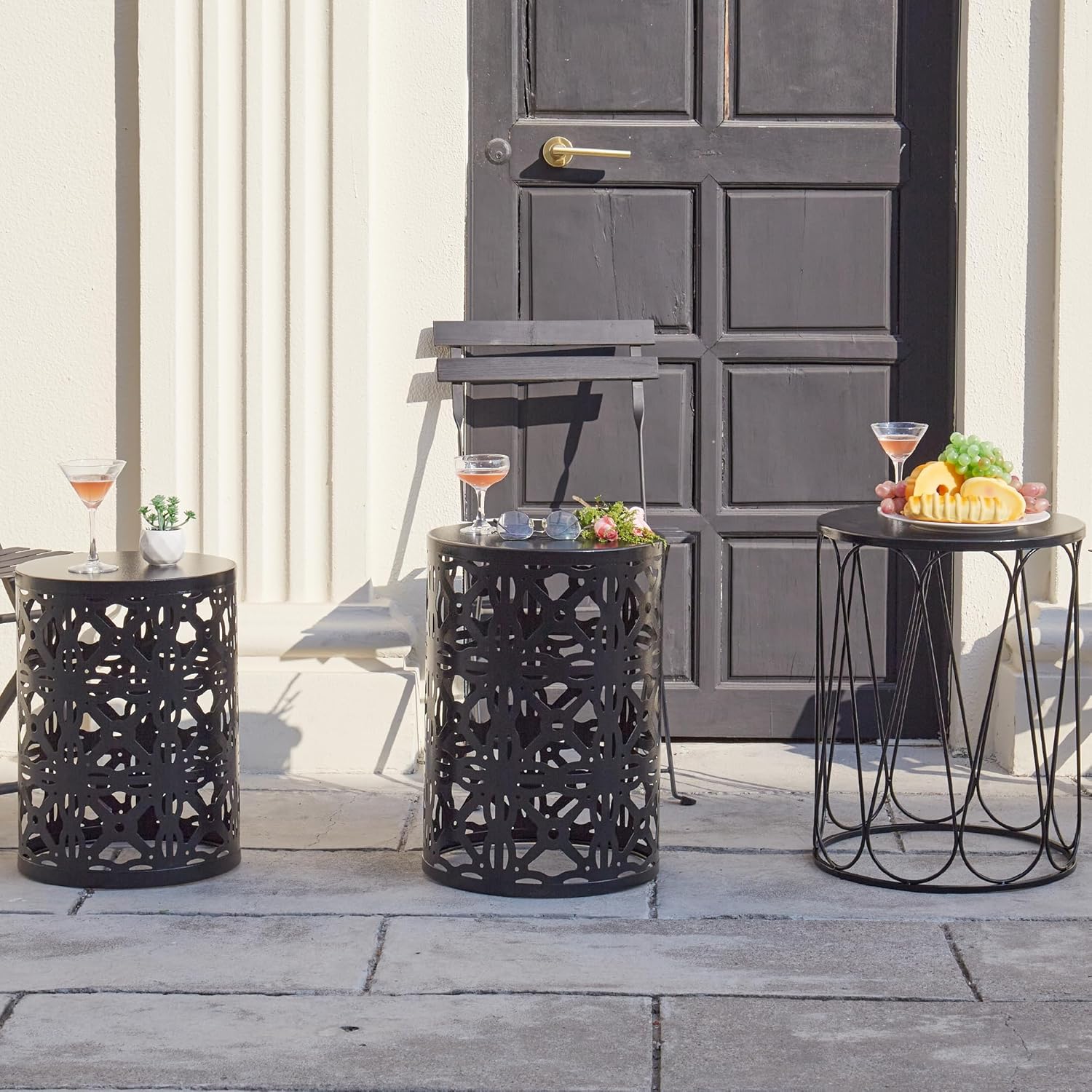 Y&M Set of 3 Stacking Coffee Table for Living Room, Patio Side Table,Indoor End Tables for Bedroom, Outdoor Decorative Garden Stool with Heavy Duty Metal Frame Modern Industrial Decor - Black