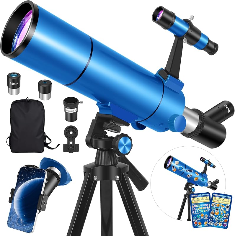 Telescope for Adults & Kids, 80mm Aperture 500mm (20X-150X) Refractor Telescope for Astronomy Beginners Stargazing, Portable Travel Telescopes with Tripod Phone Adapter, Stickers, Backpack