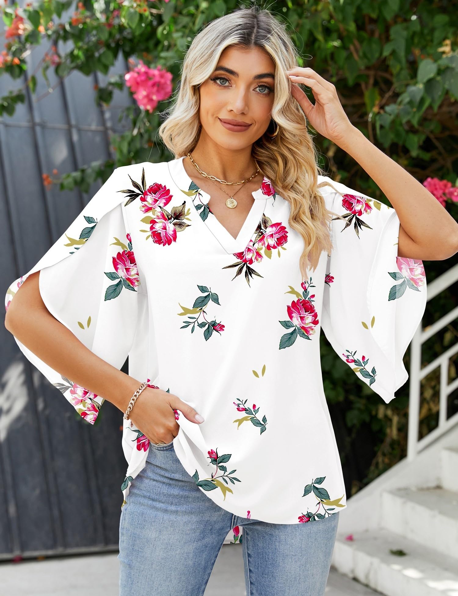 LUYAA Blusa casual de gasa para mujer, manga 3/4 con volantes, cuello en V, ajuste holgado, White Red-flower, Large