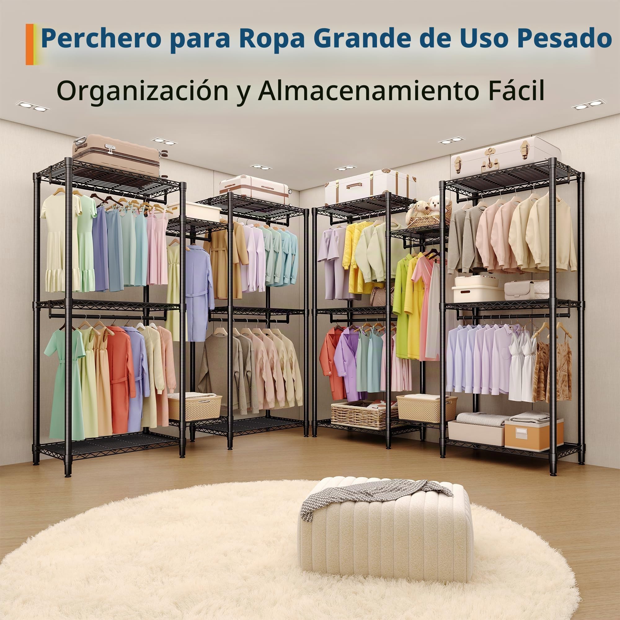 Perchero de Ropa Resistente, Armario Vestidor con 3 Combinaciones, Niveles 3×2×3, Vestidor Profesional para Dormitorio de Adulto, Perchero de Dos Pisos, Negro 195×45×195cm