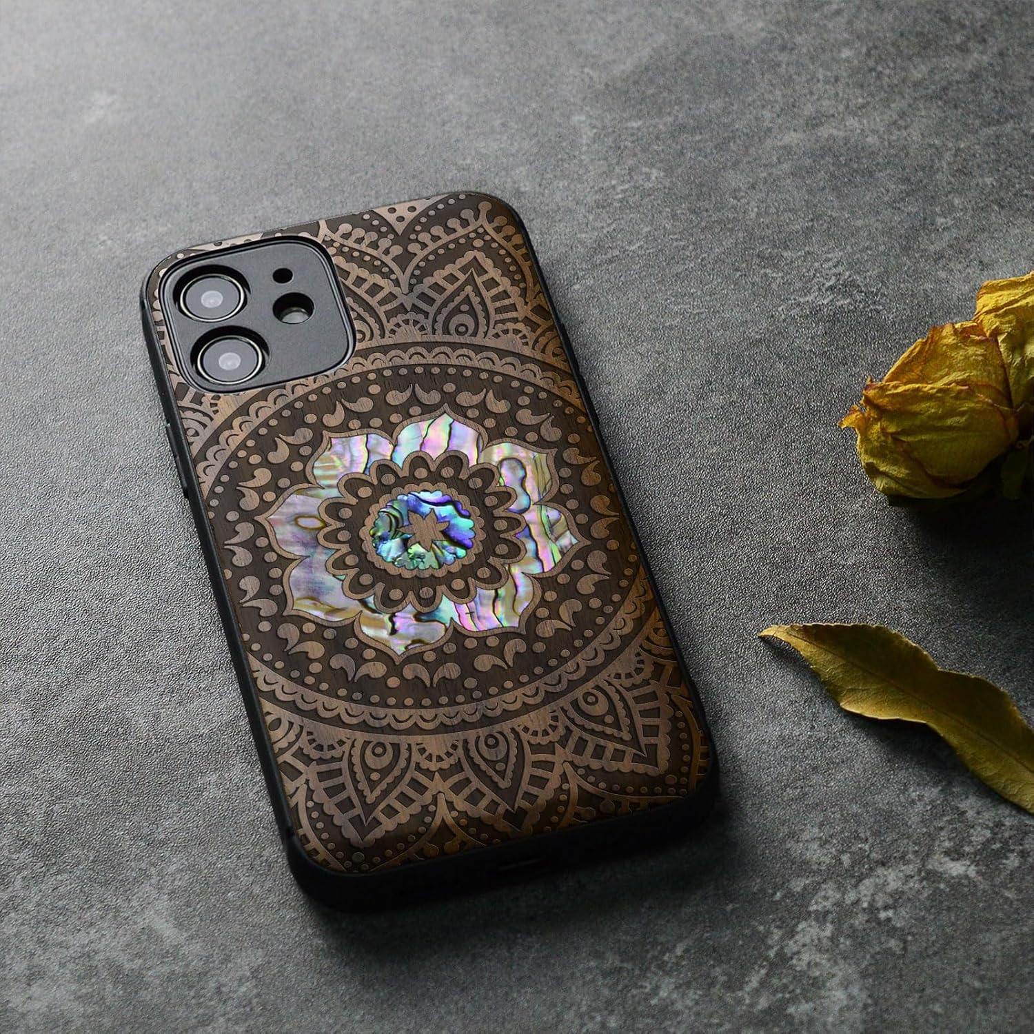 Carveit Designer Wooden Protective Case for iPhone 12 Magnetic Cover [Wood Engraving & Shell Inlay] Compatible with iPhone 12 MagSafe (Mandala Pattern-Walnut)