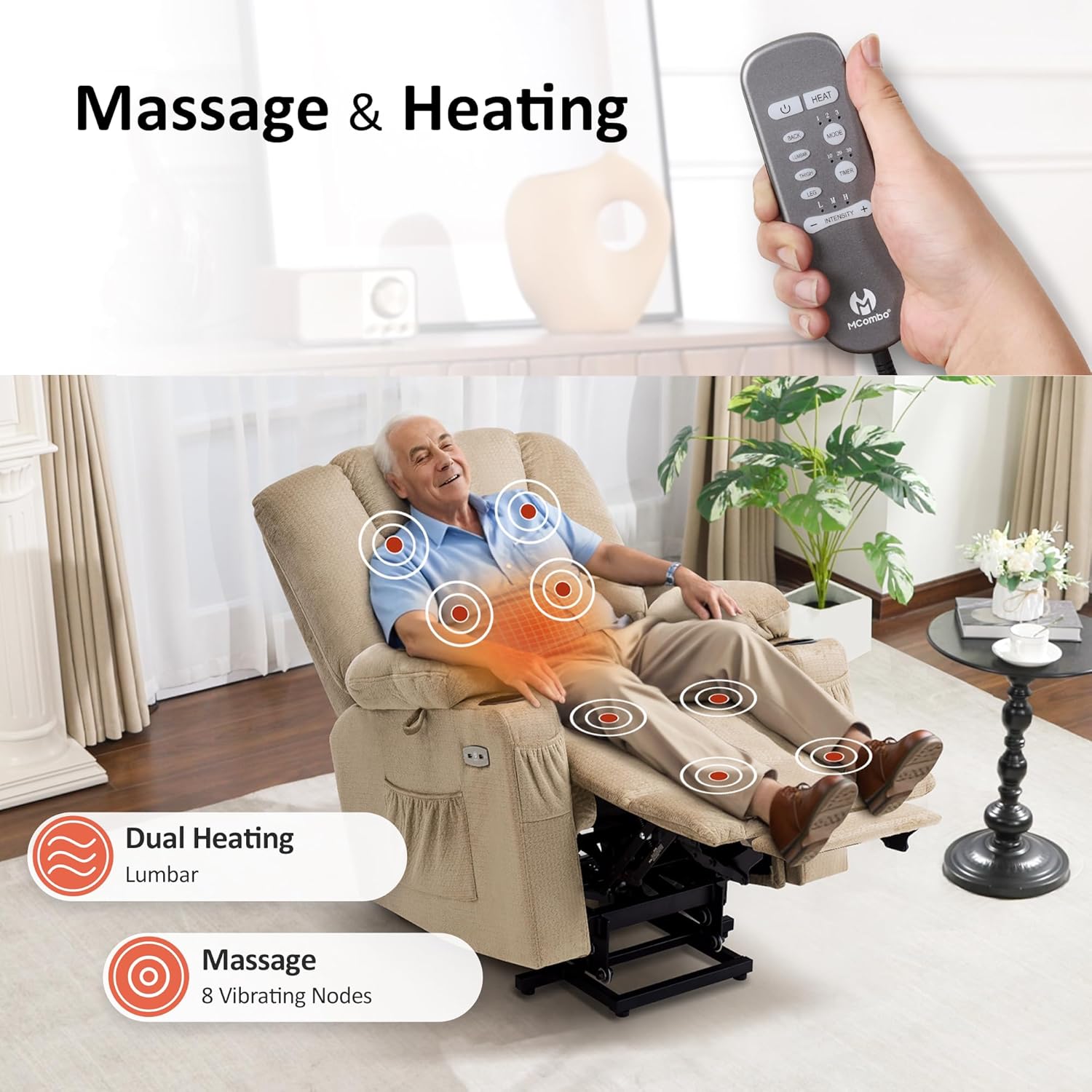 MCombo Oversized Power Lift Recliner Chair Sofa with Massage and Heat for Elderly People Petite, USB Ports, Side Pockets, Fabric R7561 (Beige, Small-Oversize)