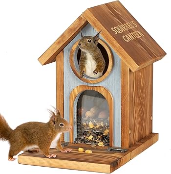 MIXXIDEA Wooden Squirrel Feeder, Large Capacity Squirrels Feeders for Outside, Sturdy Construction, No Assembly Lovely Chipmunk Feeder for Corn, Peanut, Nuts, Chestnuts (Brown-1pk)