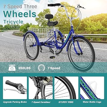 MOPHOTO Adult Tricycle, 3 Wheel Bike for Seniors Beginners, 20/24/26 Inch