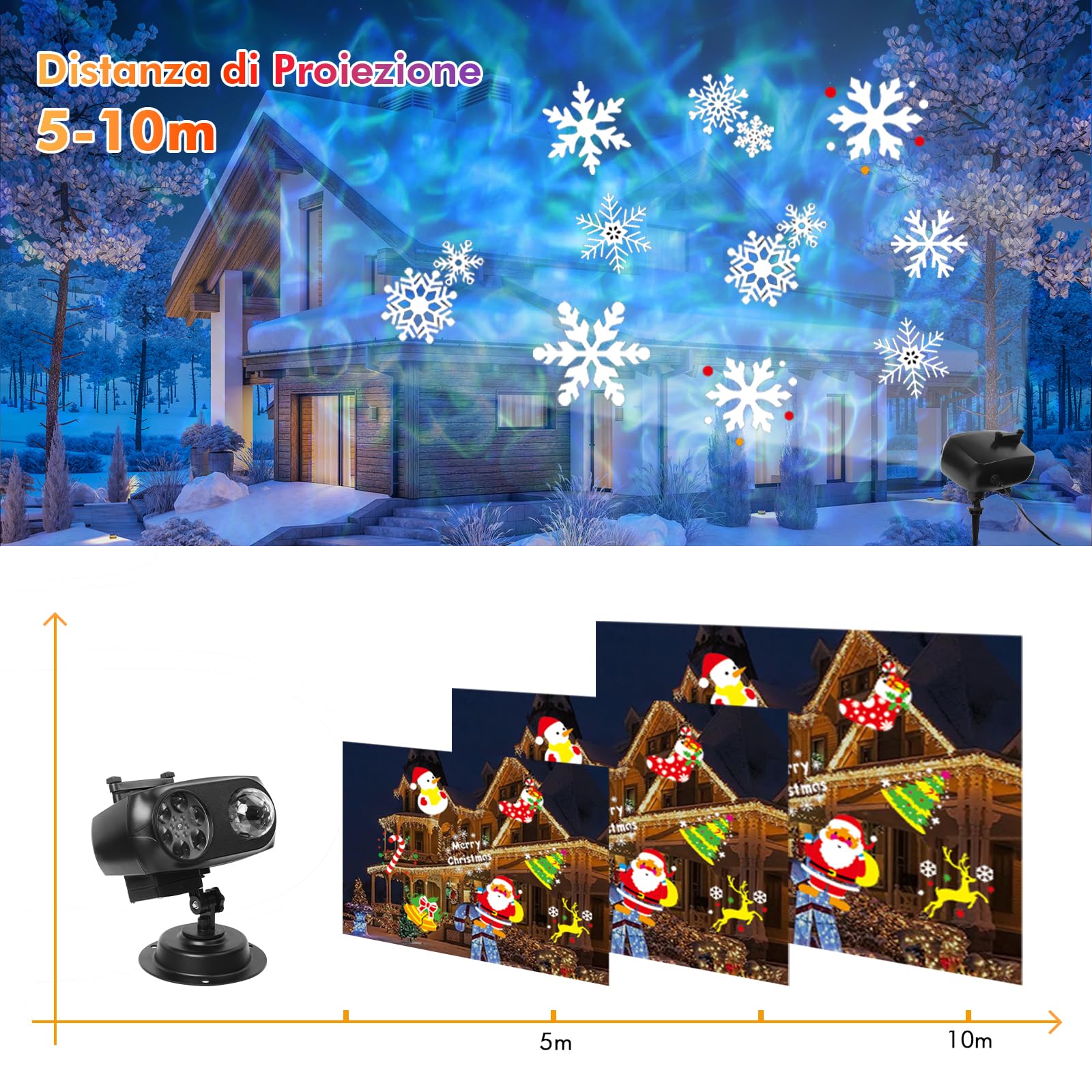 CYJJYZ Proiettore Natale Esterno, Proiettore Halloween, con 12 Diapositive, 10 Effetti di Onde D'acqua, Telecomando e Timer, Adatto per Halloween, Natale, Feste