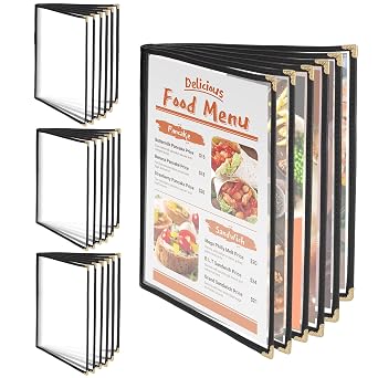 4 Pcs 8.5 X 11 Inch Restaurant Menu Covers, 6 Page 12 View Transparent Menu Cover, Fits A4 Size Paper Waterproof Menu Holder for Bar Cafe Restaurant