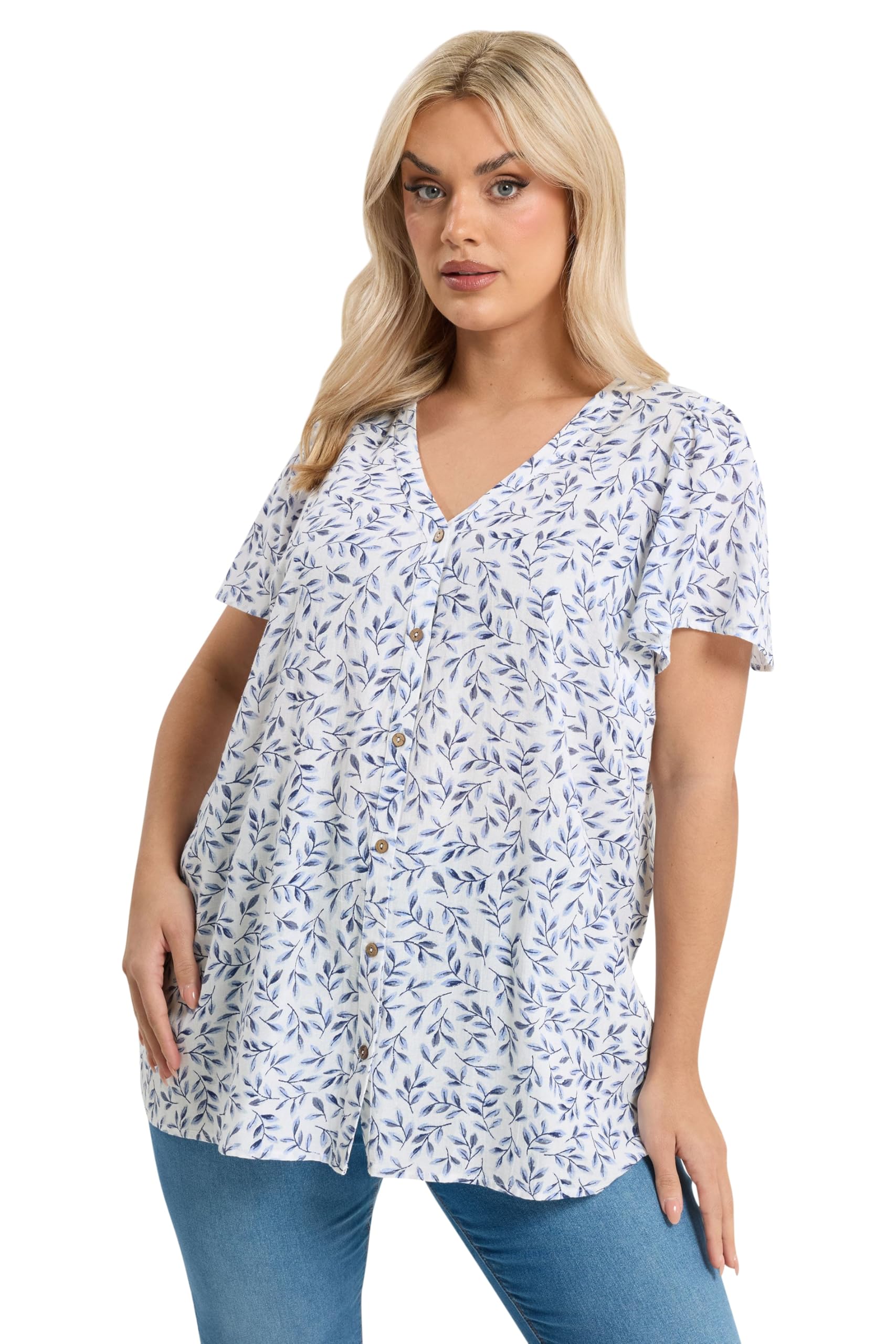Yours Curve & Blue Leaf Print Linen Blouse - Women's - Plus Size Curve