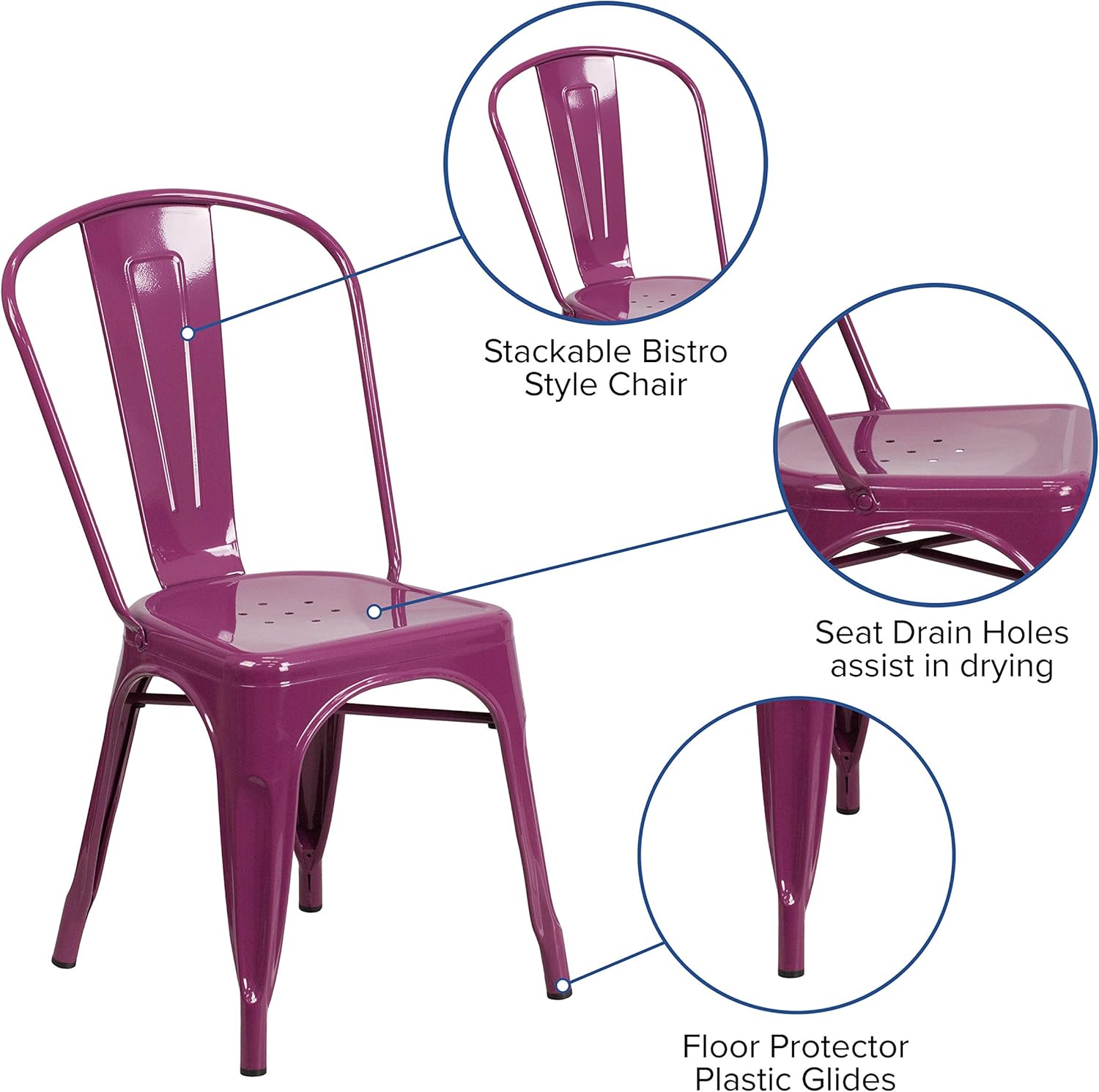 EMMA + OLIVER 4 Pack Purple Metal Indoor-Outdoor Stackable Chair - Kitchen Furniture - Café Chair