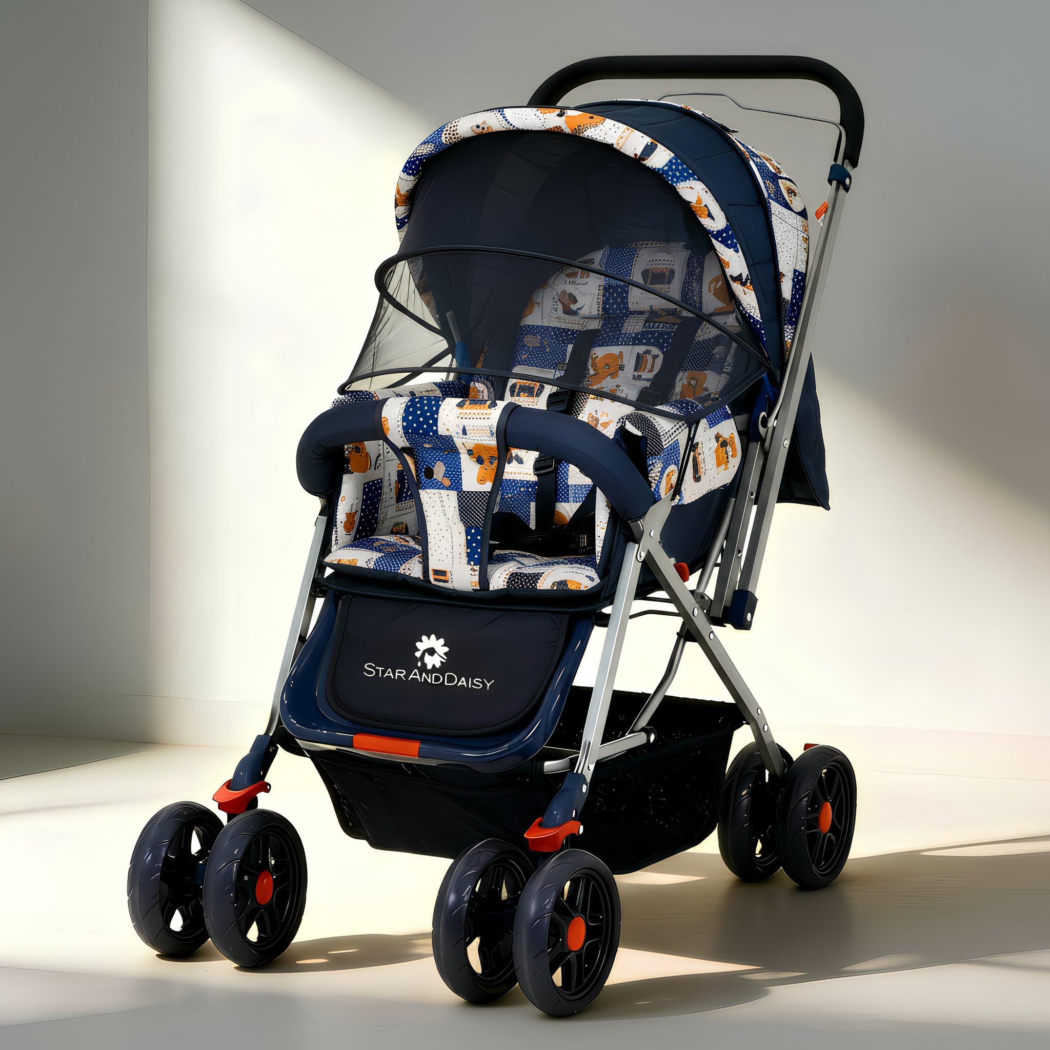 StarAndDaisy Stroller for Boy & Girl 0 to 3 Years / Baby Stroller with Lightweight / Foldable Pram for Baby with 3-Point Safety Harness, Adjustable Backrest, 360° Swivel Wheel, Reversible Handlebar, Extended Mosquito Net