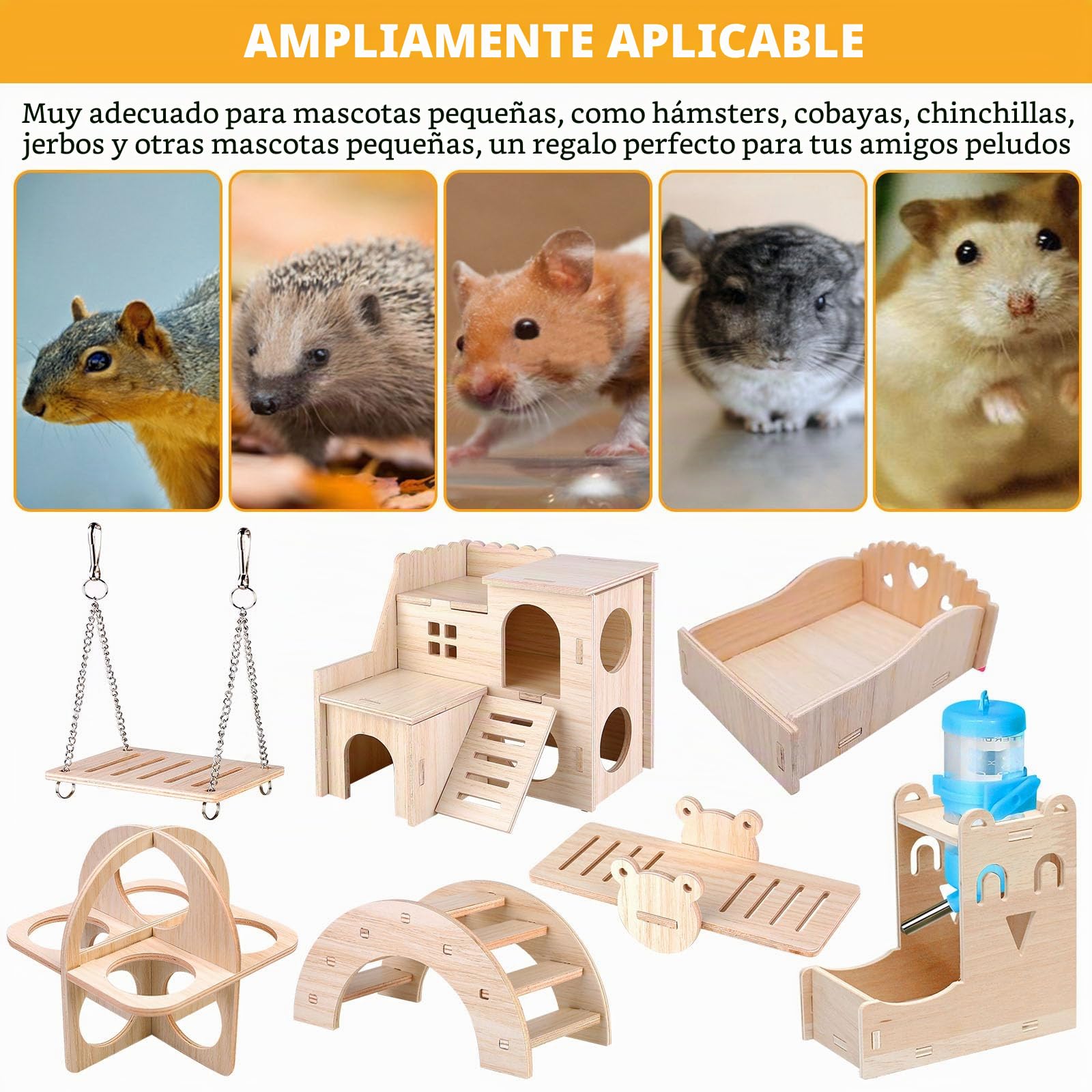Juguetes de madera para hámster, 8 piezas DIY, juguete para masticar, escondite, casa, puente, columpio, entrenamiento, accesorios para jaula