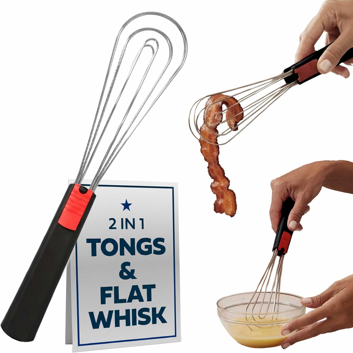 Flat Whisk and Tongs for Cooking – Multipurpose Kitchen Tool for Beating Eggs, Salad Tongs, BBQ, Whisks for Cooking, Easy Whisk, Hand Whisk (Black)