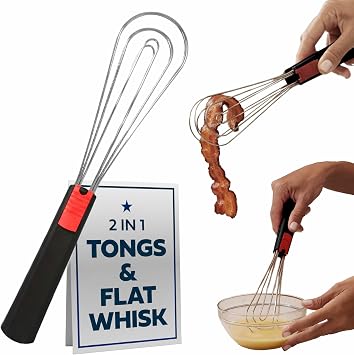 Flat Whisk and Tongs for Cooking Multipurpose Kitchen Tool for Beating Eggs, Salad Tongs, BBQ, Whisks for Cooking, Easy Whisk, Hand Whisk Black