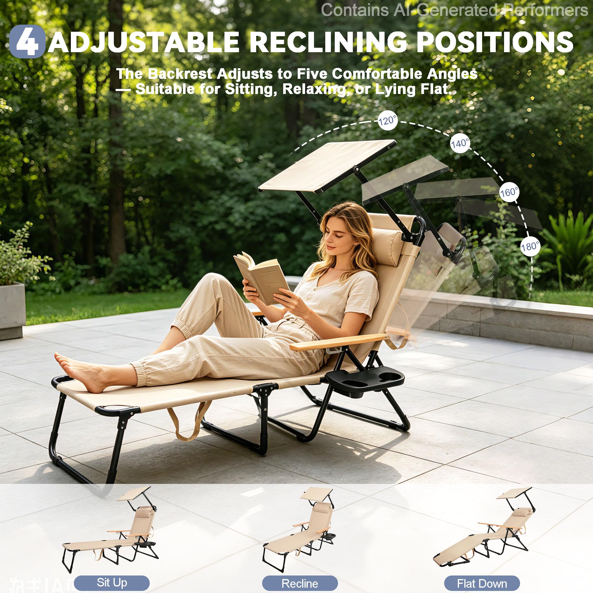 Sonnenliege Klappbar Wetterfest, 4-Fach Gartenliege mit Sonnenschutz & armlehne, Garten Liege mit Kopfkissen und Getränkehalter, Camping Liegestuhl für Garten, Terrasse, Pool (Beige)