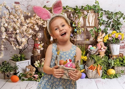 Vista 13 de LYCGS Telón de fondo de Pascua de primavera de 8 x 6 pies, fondo de fotografía de Pascua, conejo, color huevos, flores, telón de fondo de madera