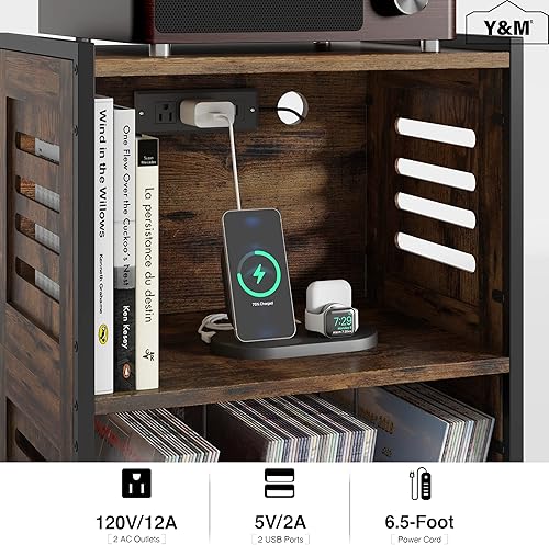 Miniatura 6 de Y&M Soporte para tocadiscos, soporte de vinilo con estación de carga y puerto USB, mesa de exhibición de discos con gabinete de almacenamiento,