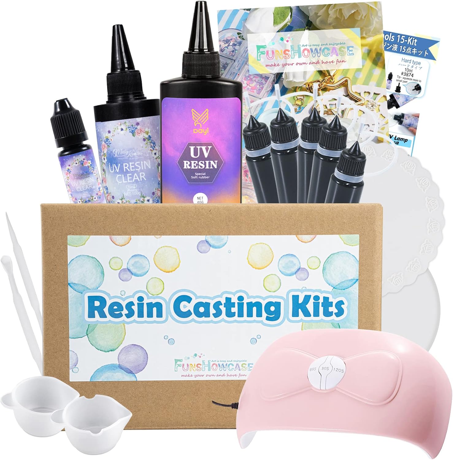 FUNSHOWCASE UV Resin Jewelry Making Starters Supplies Kit 165g Soft Hard Type Glue, 54W Curing Light, Mixing Bowls and Stir Sticks