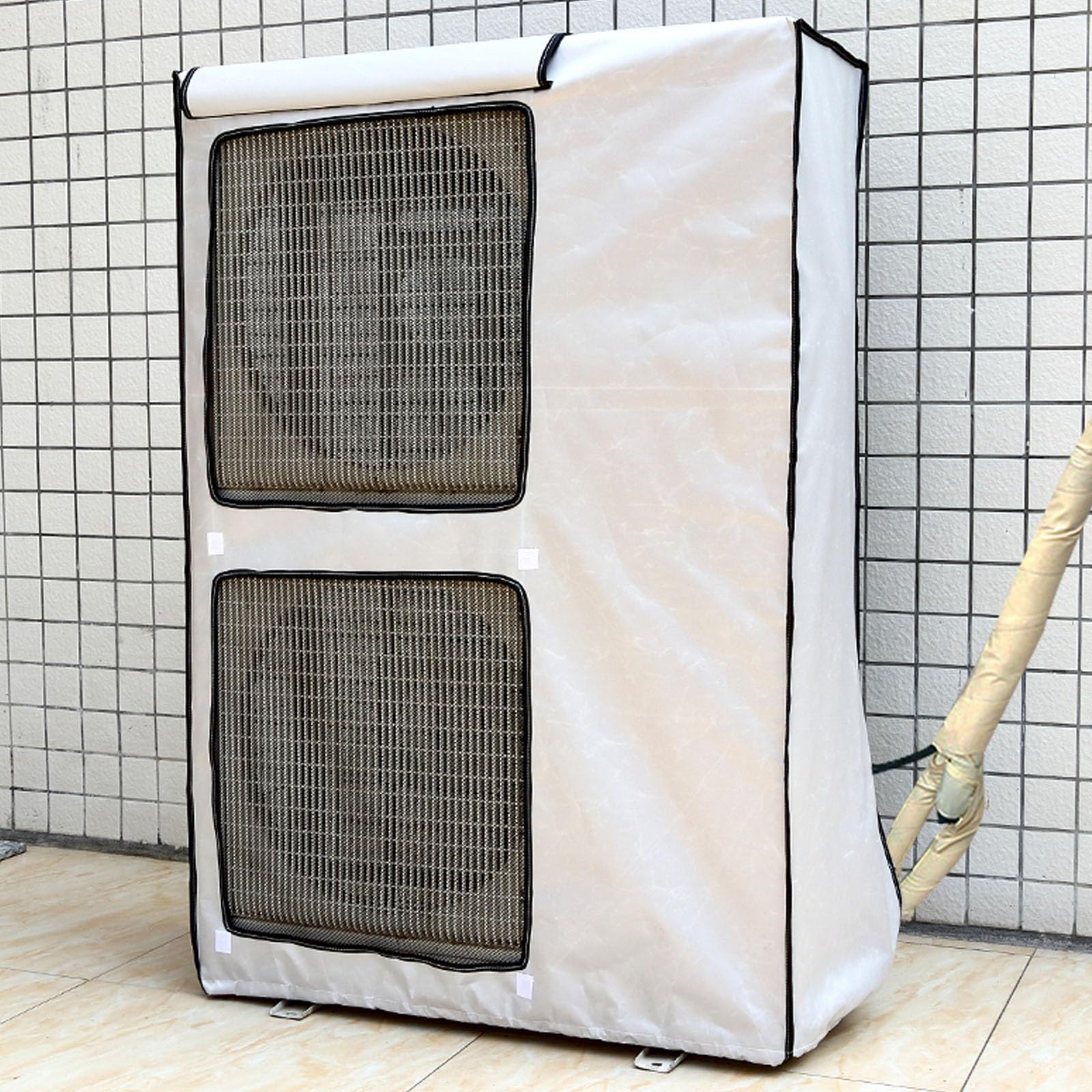 Protection Climatiseur Exterieur, Cache Pompe a Chaleur Extérieur, Grande Conception Double Épaisseur avec Doubles Aérations et Rideaux de Protection(White,105x146x43cm/41x57x16in)
