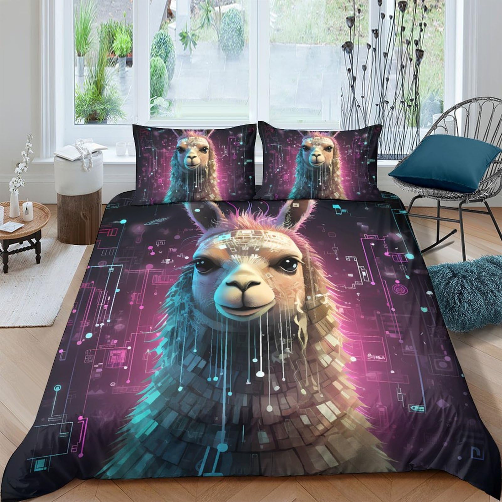 GPLZQXKJNH 3D Printed Llama Cyberpunk Duvet Cover Microfiber Soft Breathable Neon Animal Bedding Set with 2 Pillowcases for Bedroom Decor Single（135x200cm）